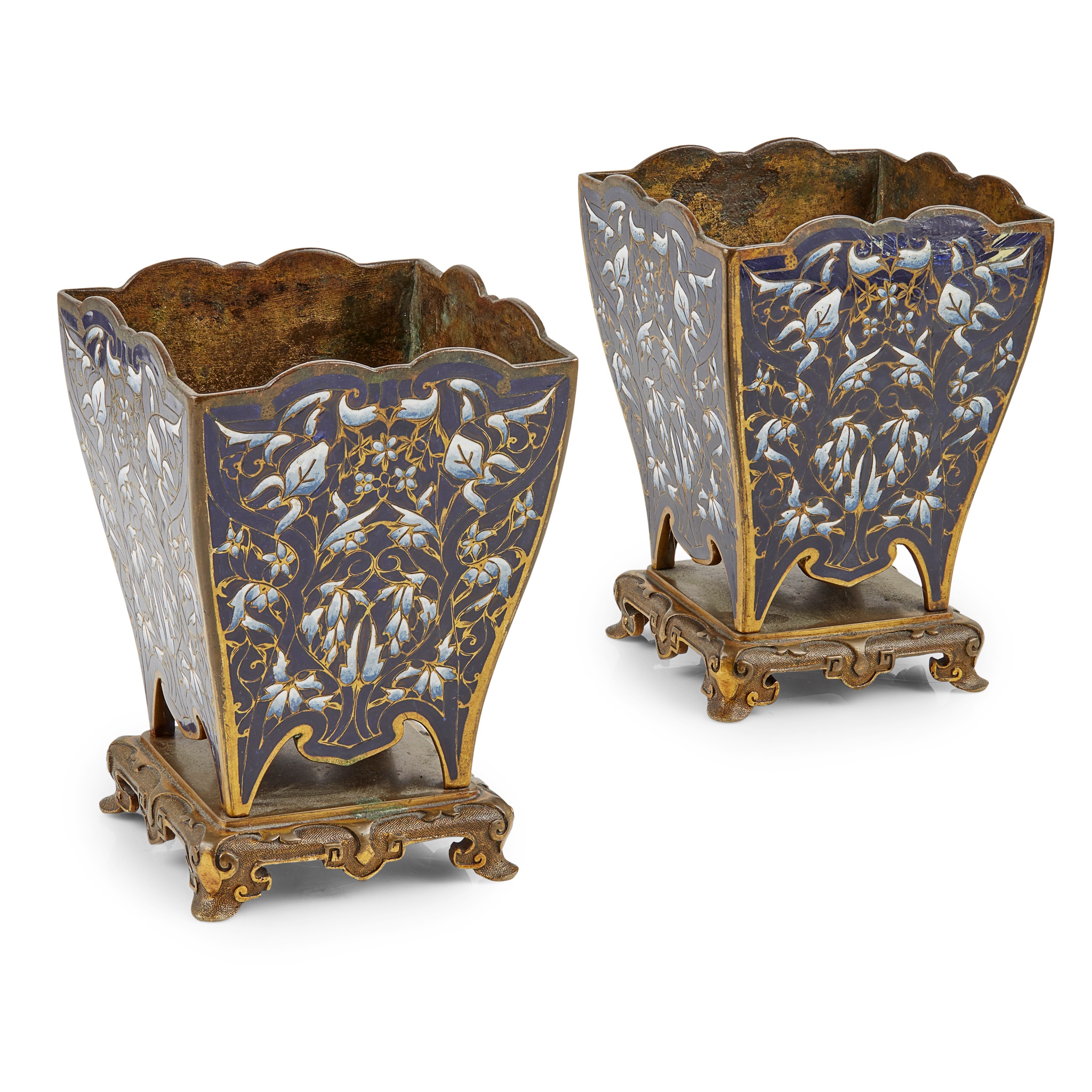 PAIR OF FRENCH 'JAPONISME' GILT BRONZE AND CHAMPLÊVÉ ENAMEL JARDINIÈRES