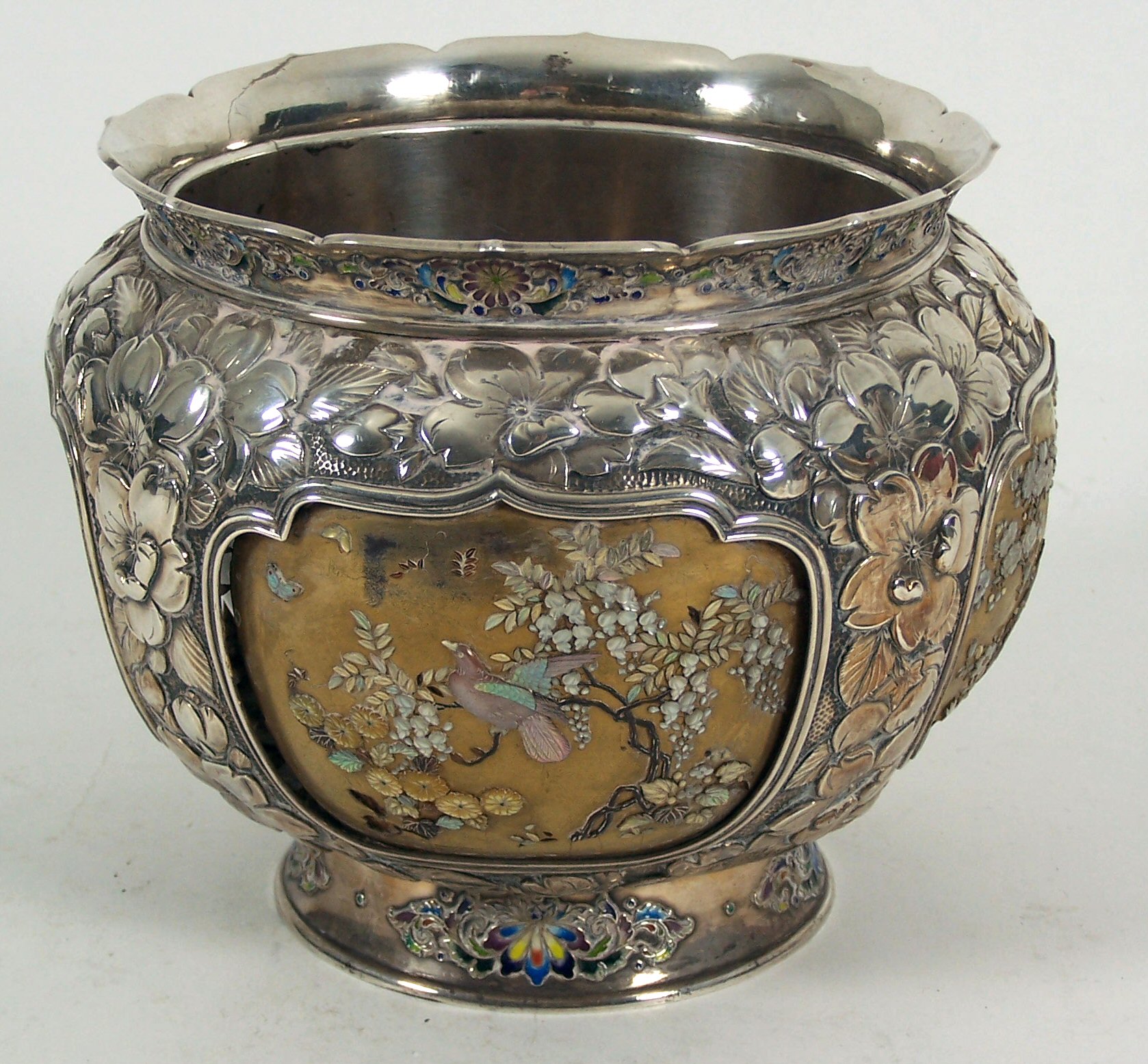A Japanese silver, enamelled and shibyama inlaid footed bowl,