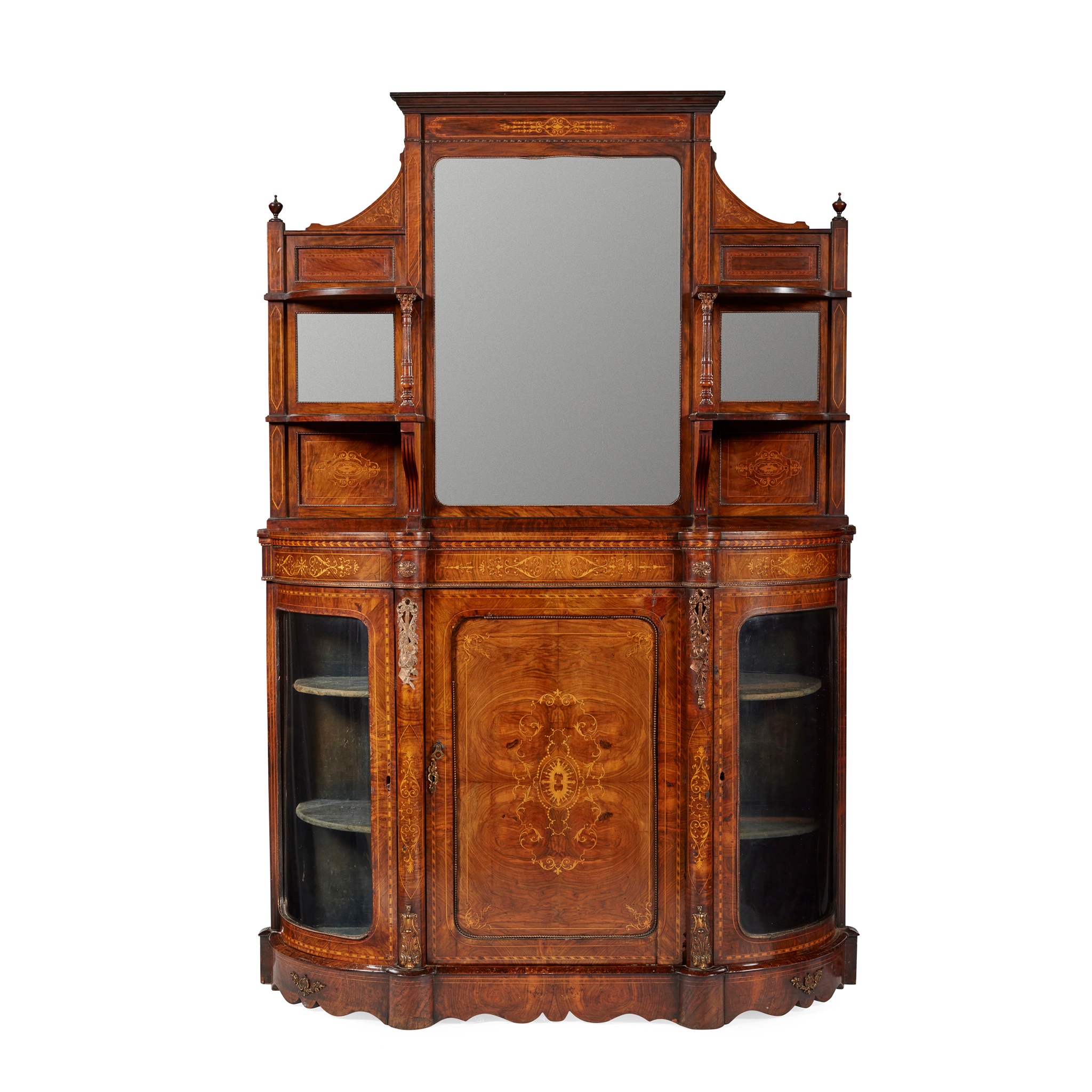 VICTORIAN WALNUT, INLAY, AND GILT METAL MOUNTED CREDENZA AND MIRROR