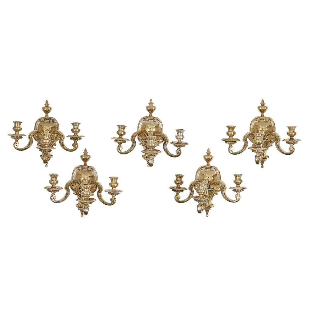 SET OF FIVE GEORGIAN STYLE BRASS WALL LIGHTS