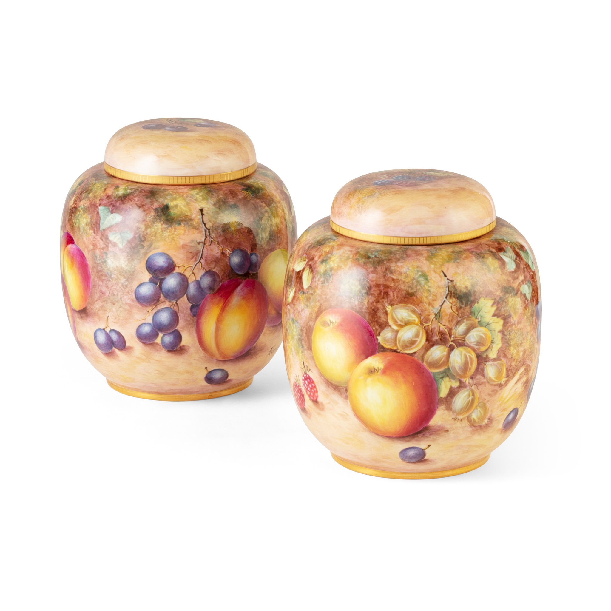 PAIR OF FRUIT PAINTED ROYAL WORCESTER GINGER JARS WITH COVERS
