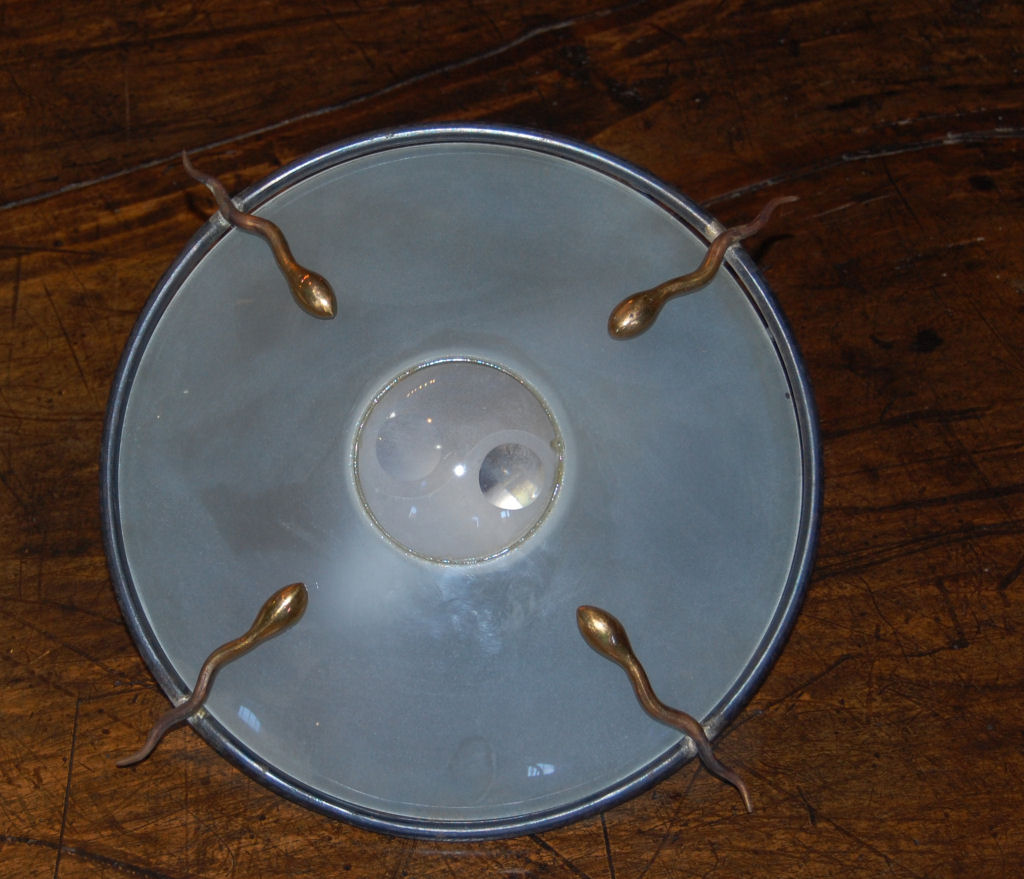 THREE BRASS AND STEEL WALL LIGHTS