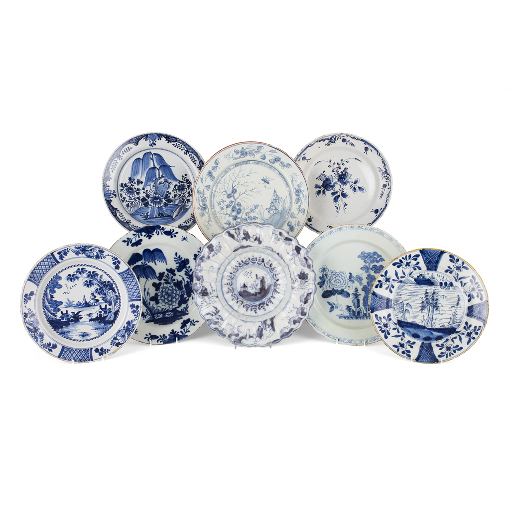 EIGHT DELFTWARE BLUE AND WHITE CHARGERS