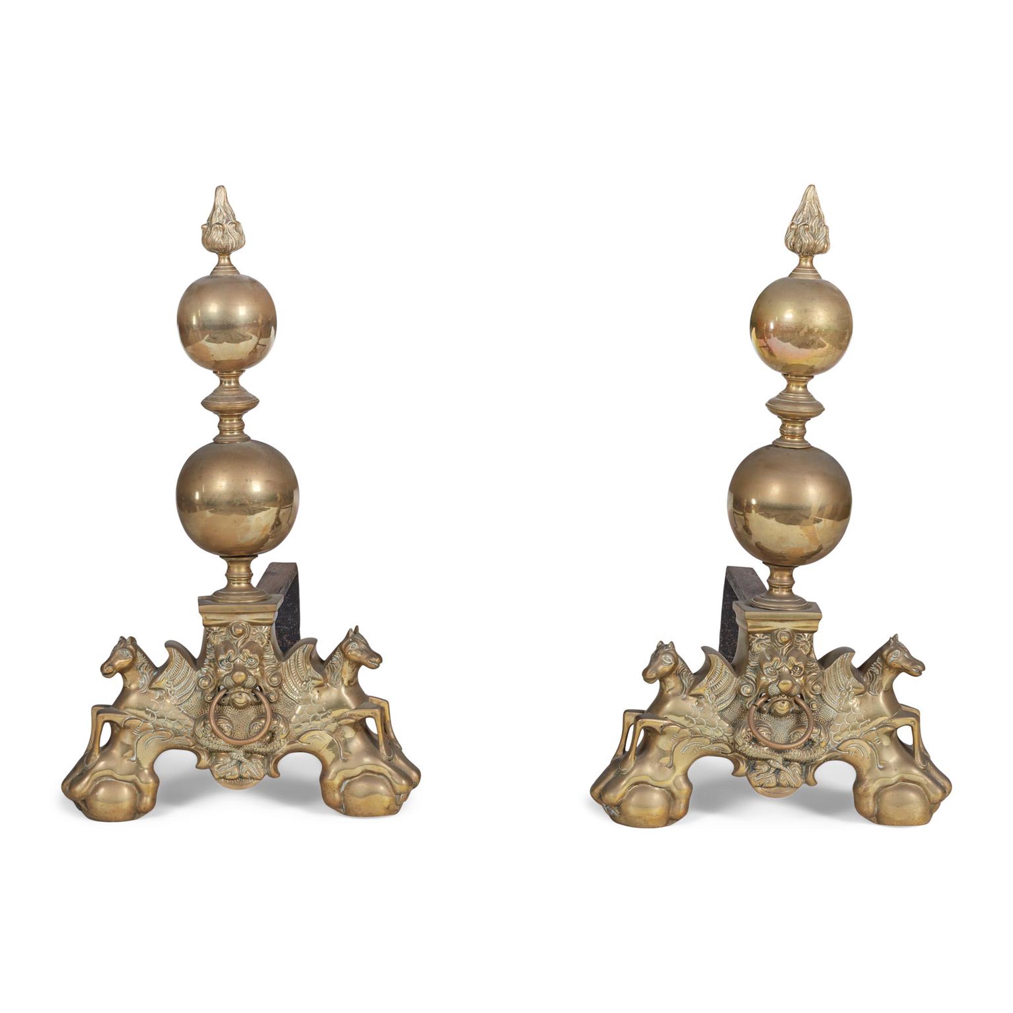 PAIR OF LARGE DUTCH BRASS ANDIRONS