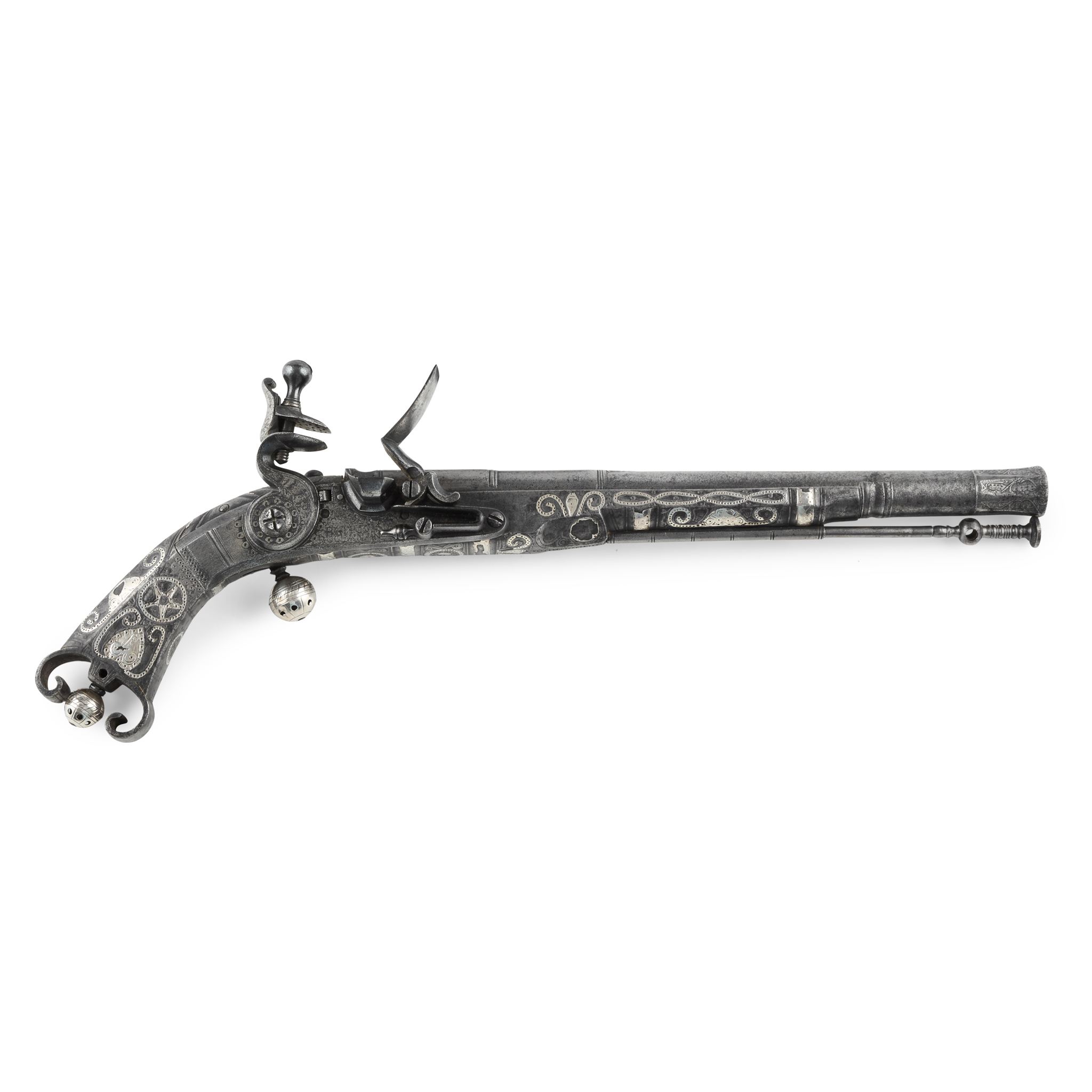 A RARE EARLY 18TH CENTURY SCOTTISH FLINTLOCK ALL METAL SCROLL BUTT BELT PISTOL