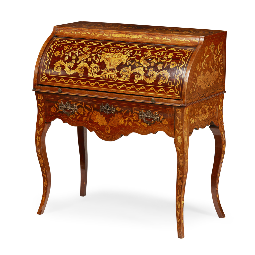 DUTCH ROSEWOOD AND MARQUETRY CYLINDER BUREAU