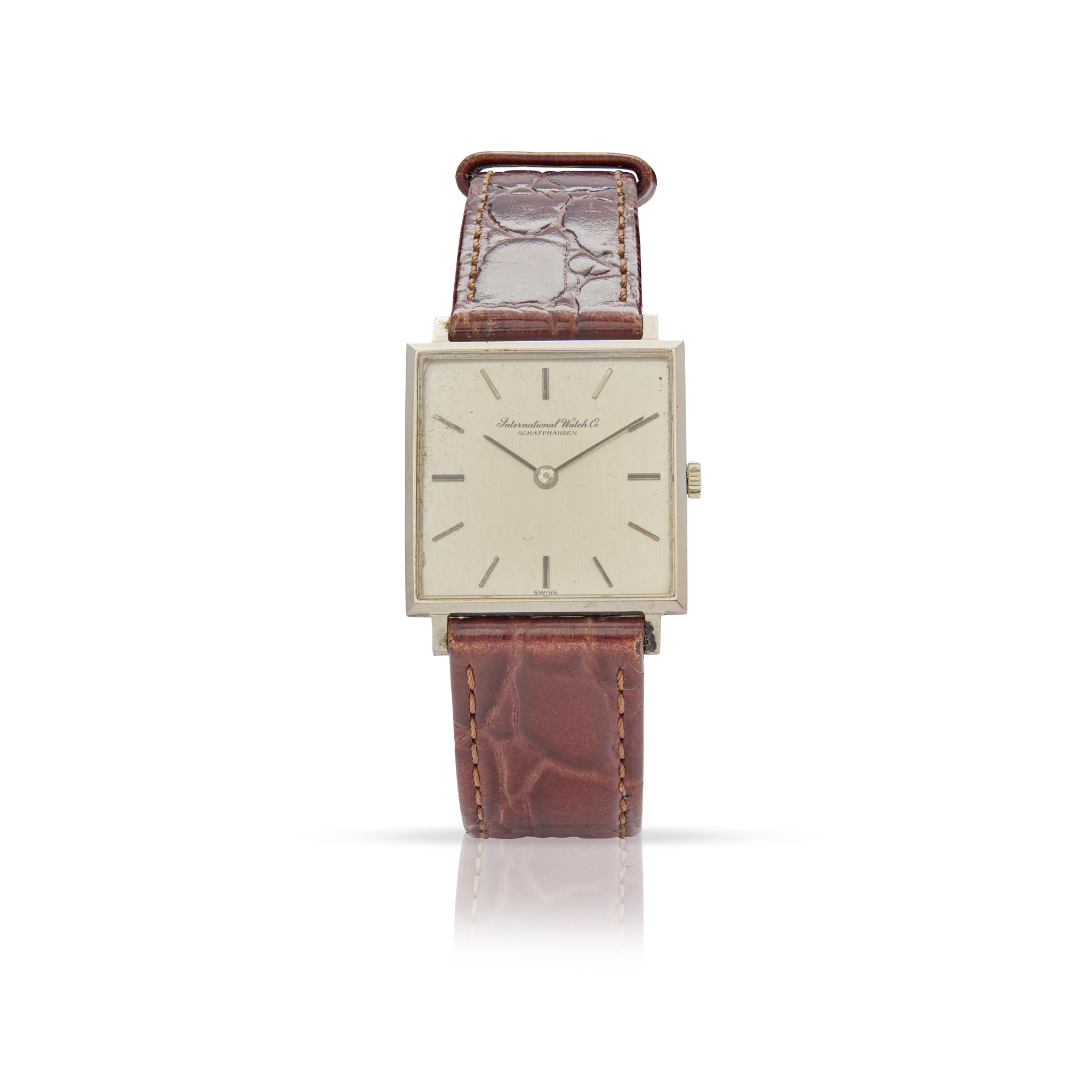 IWC. A fine and unusual 18k white gold square mechanical wristwatch
