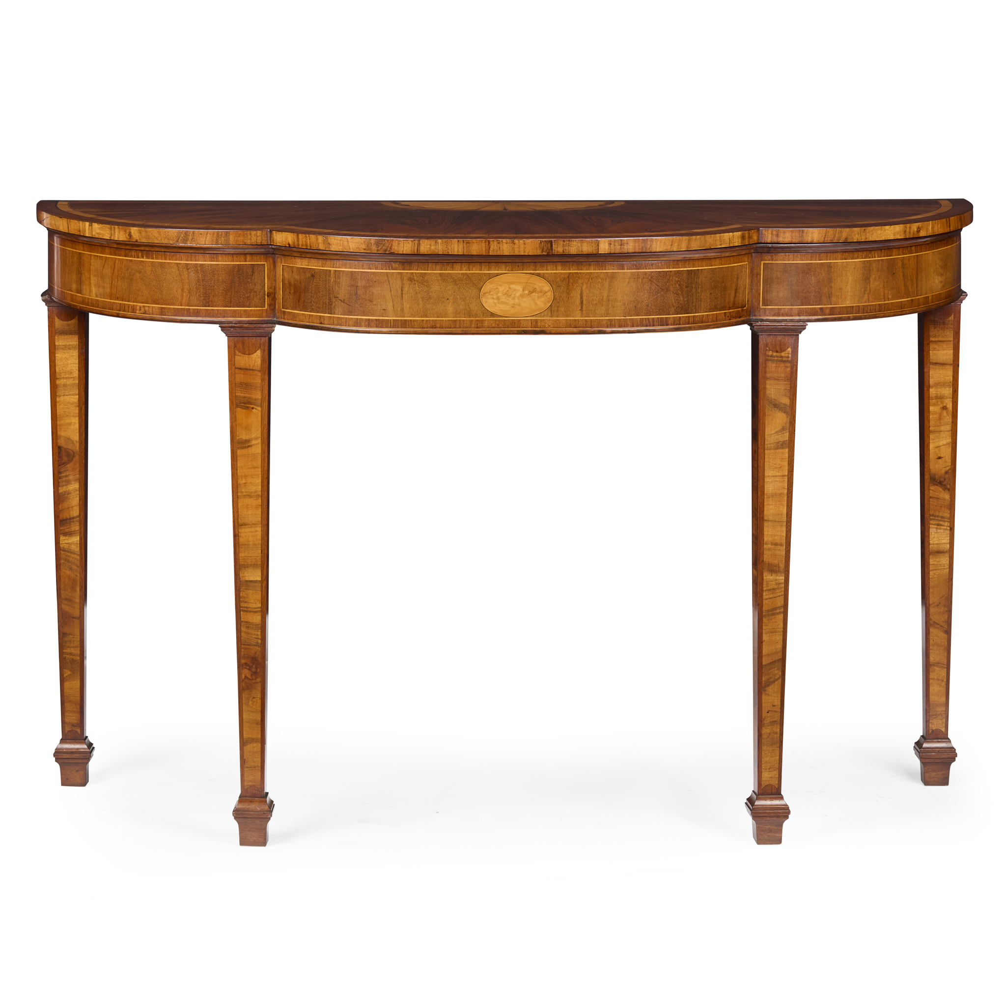 FINE GEORGE III GONCALO ALVES AND FRUITWOOD INLAID CONSOLE TABLE