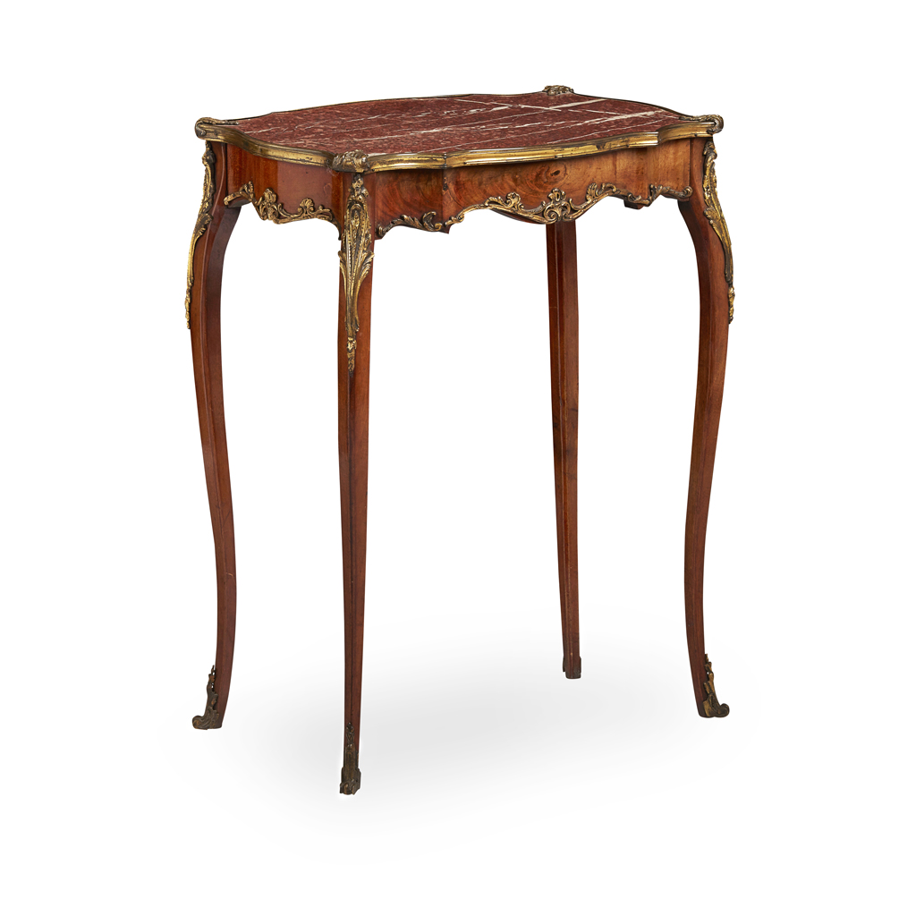 LOUIS XV STYLE ACAJOU AND MARBLE TOP TABLE A DEJEUNER