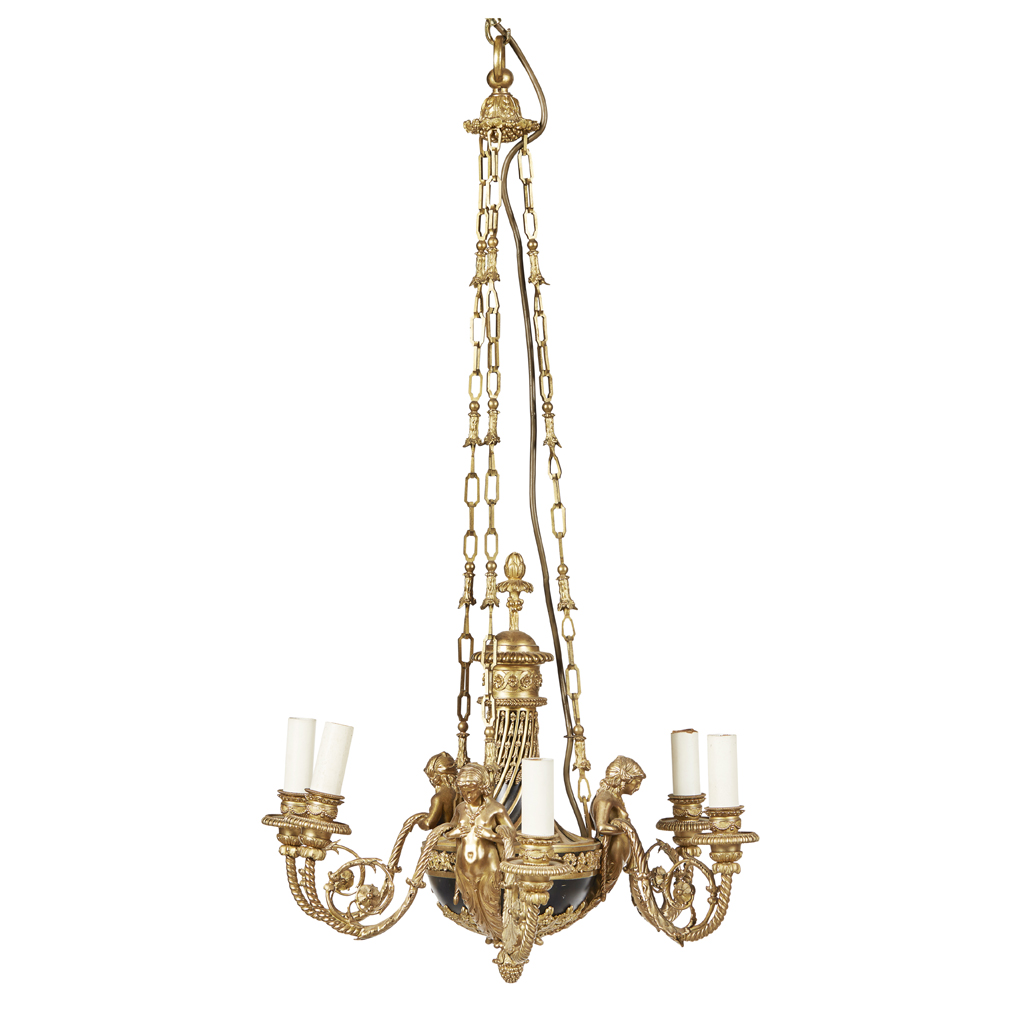 FRENCH EMPIRE STYLE GILT AND PATINATED METAL SIX BRANCH CHANDELIER