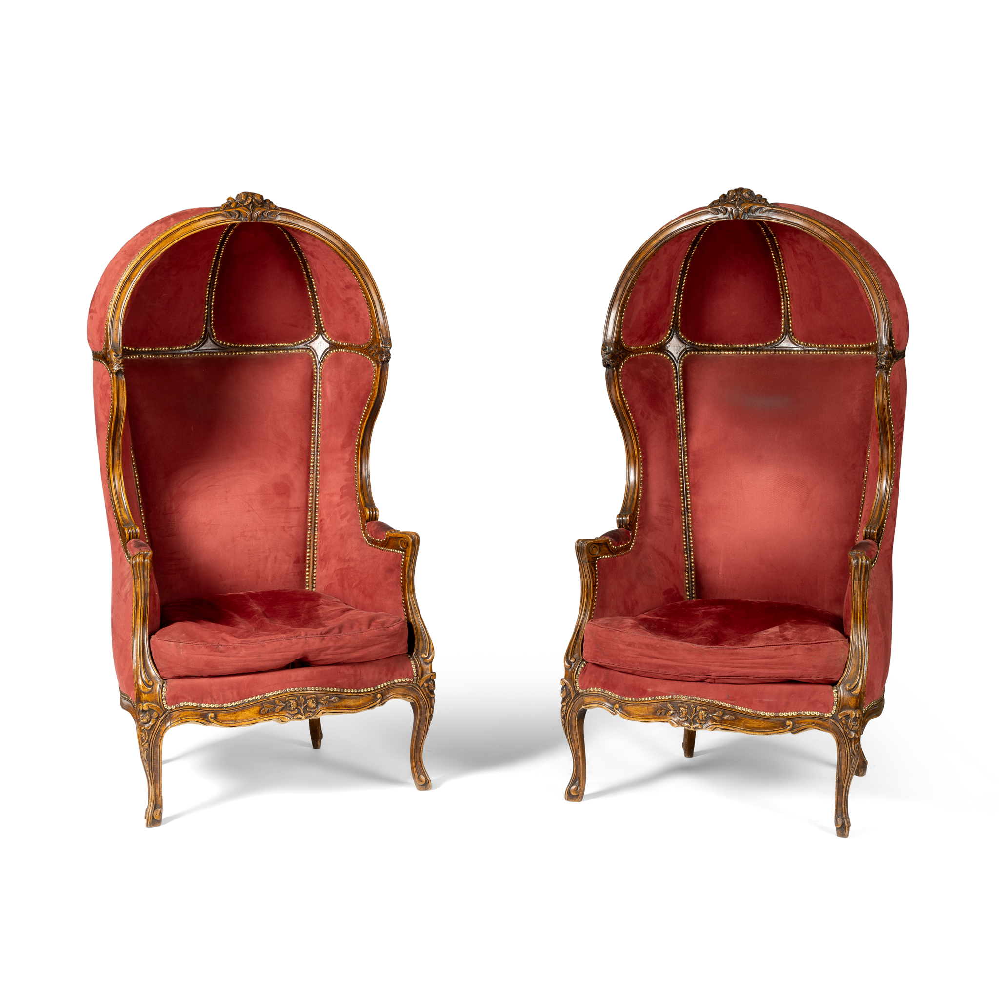 A PAIR OF FRENCH STAINED BEECH AND RED UPHOLSTERED PORTER'S CHAIRS