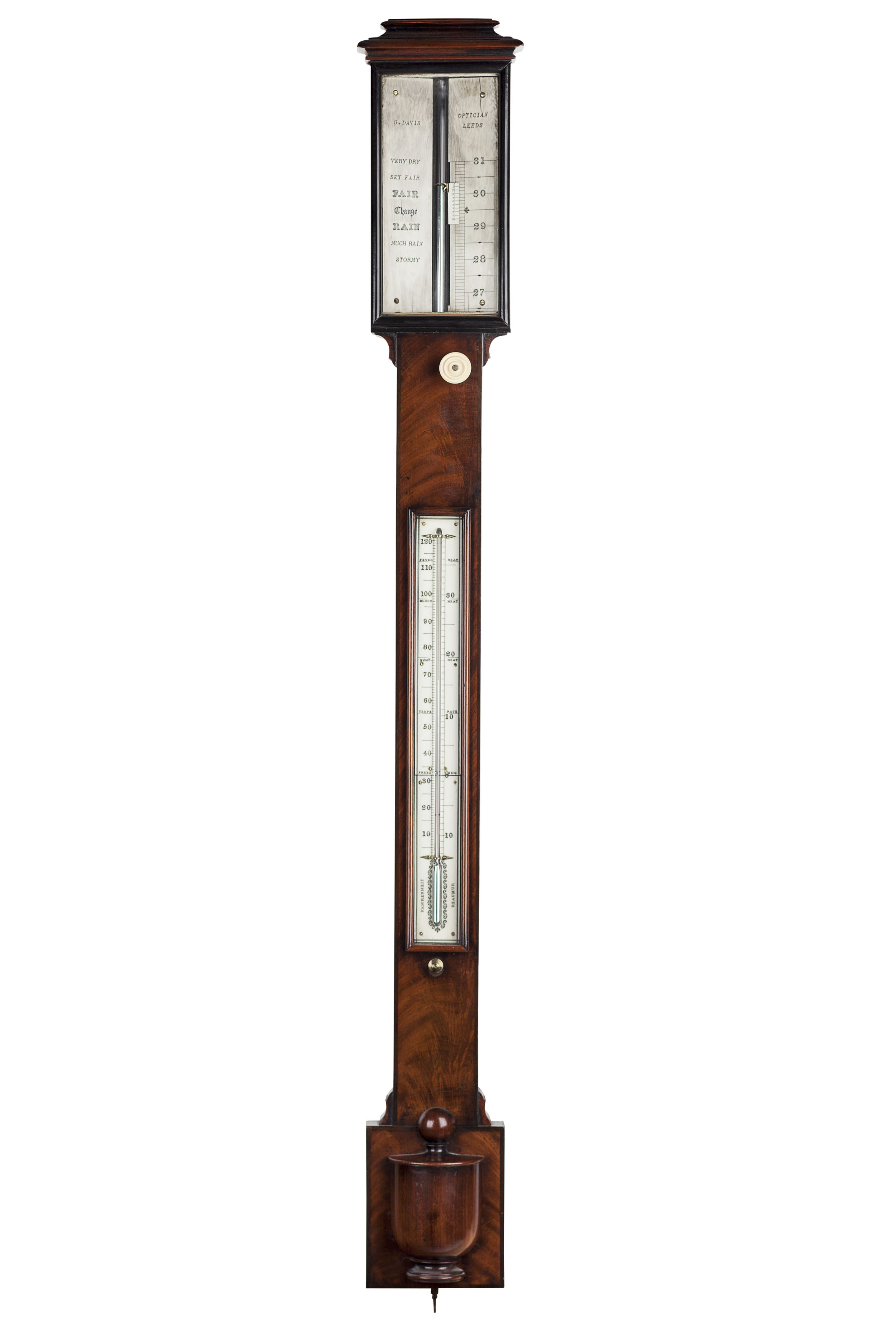 MAHOGANY STICK BAROMETER SIGNED G. DAVIS, LEEDS
