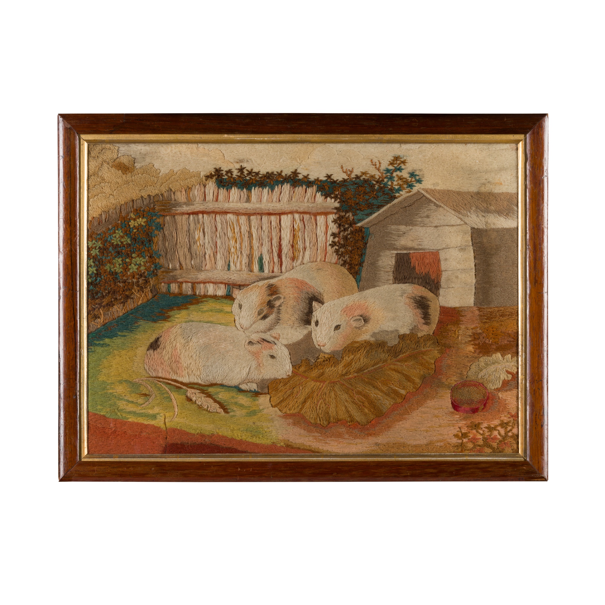 WOOLWORK PICTURE OF THREE GUINEA PIGS