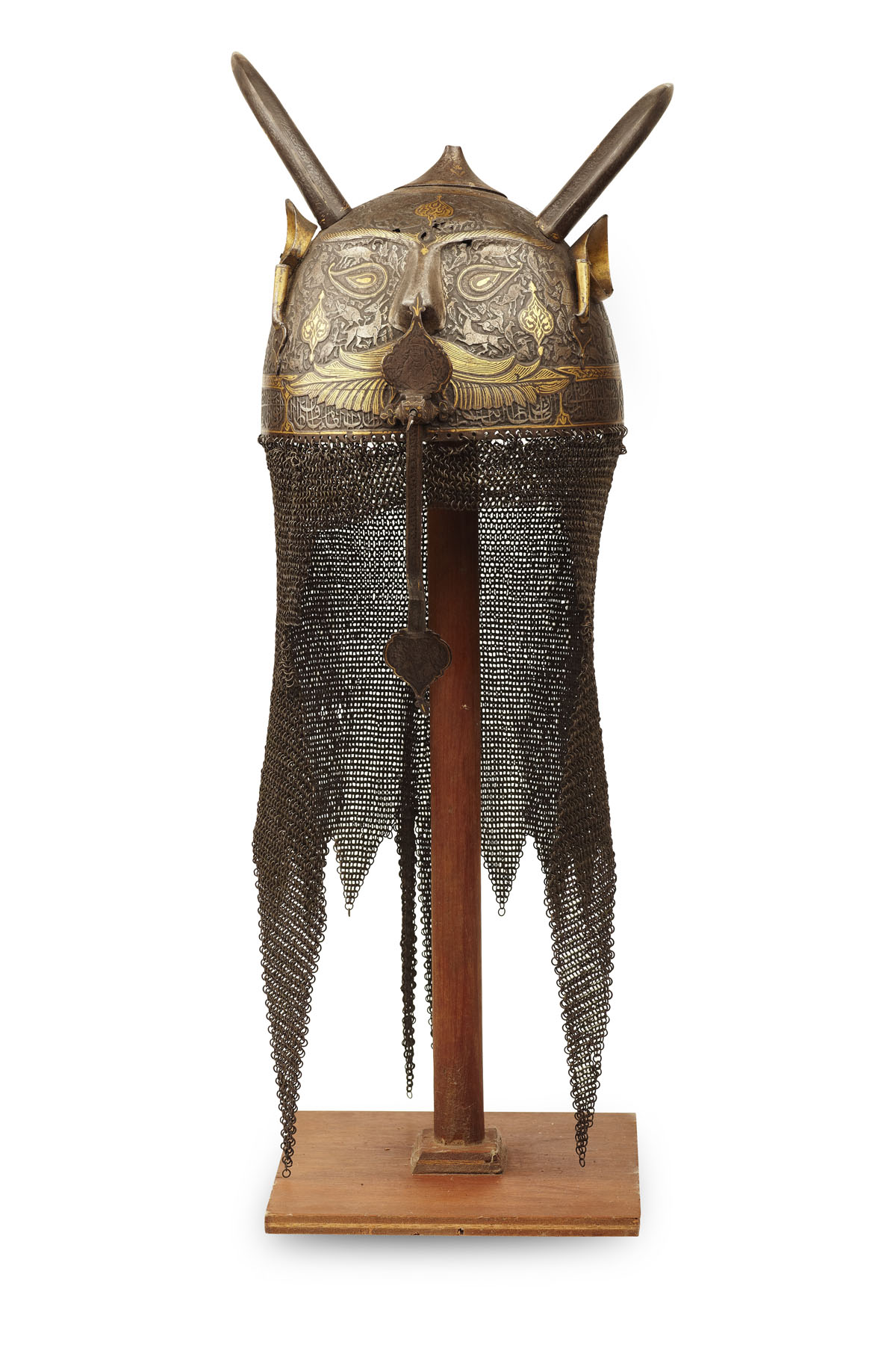 FINE ETCHED AND GILDED PERSIAN KHULA KHUD WITH HORNS