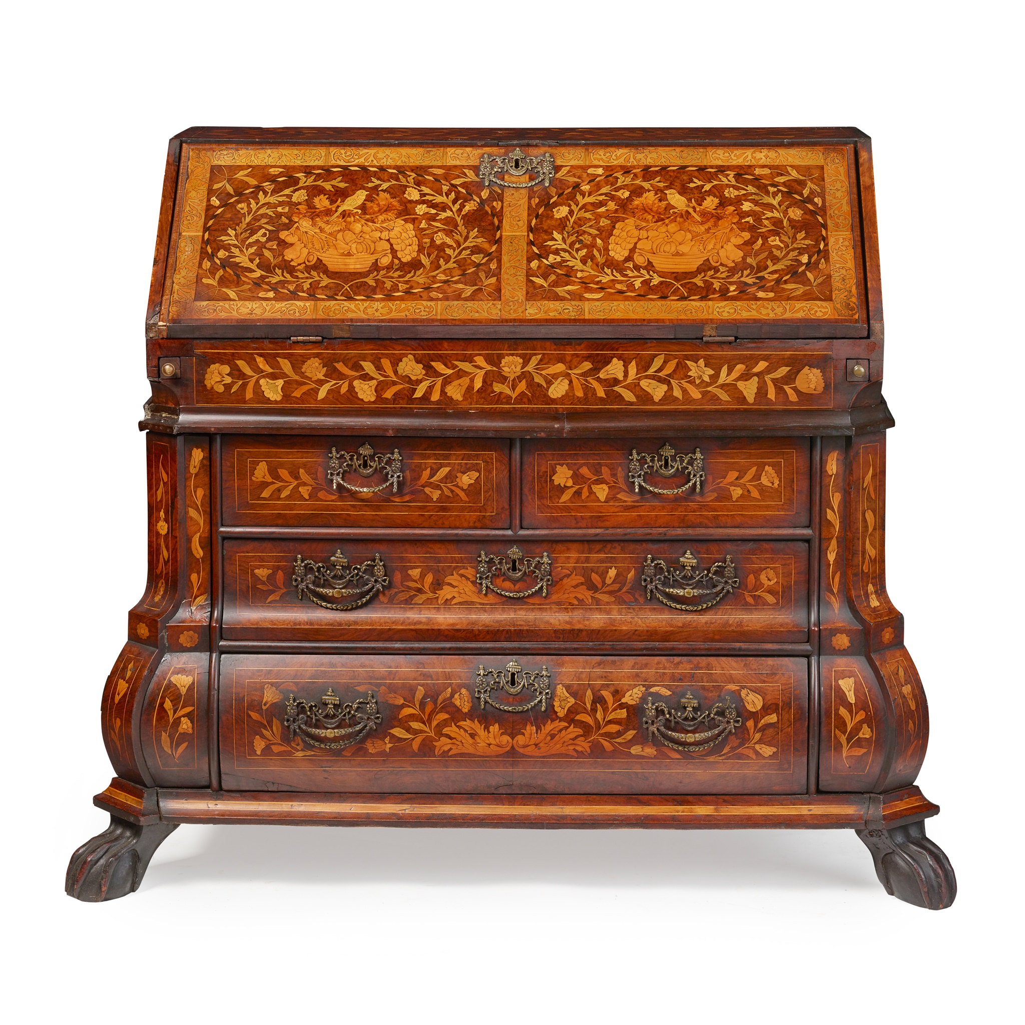 DUTCH WALNUT AND MARQUETRY BOMBÉ BUREAU