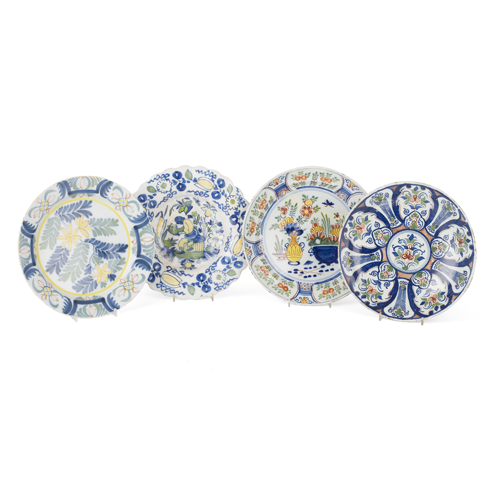 FOUR DELFTWARE POLYCHROME CHARGERS