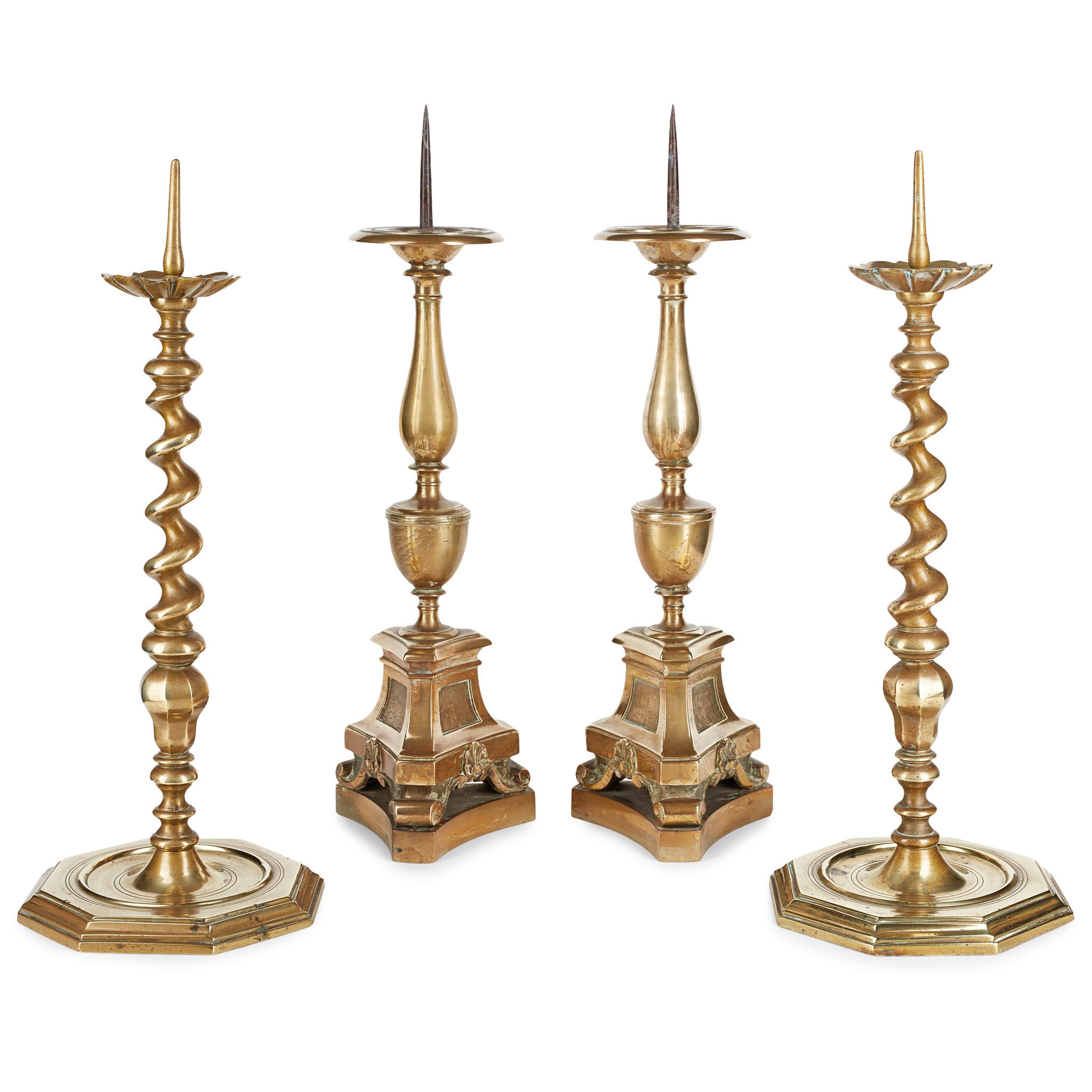 TWO PAIRS OF BRASS PRICKET CANDLESTICKS