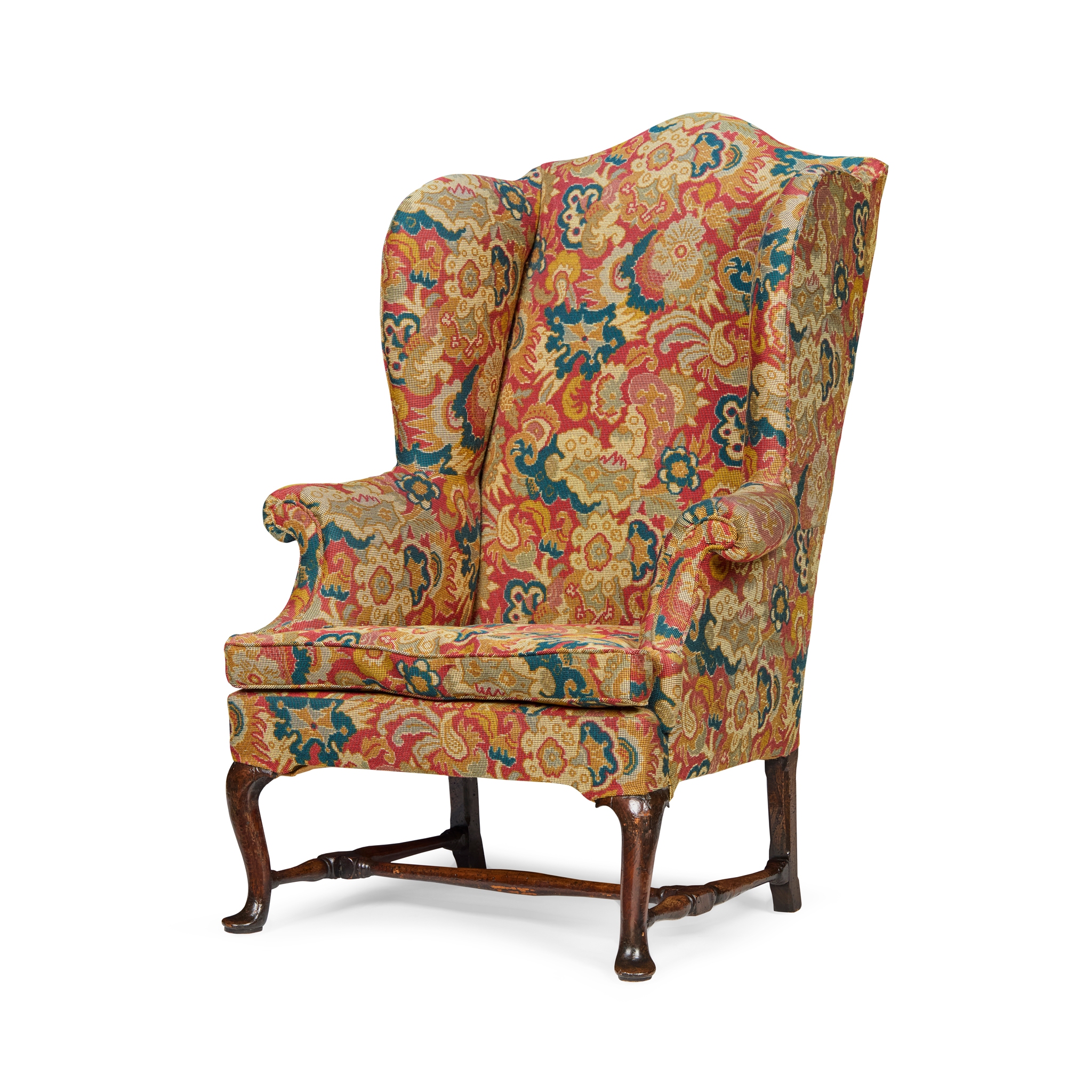 GEORGE II WALNUT FRAMED MAHOGANY WINGBACK ARMCHAIR