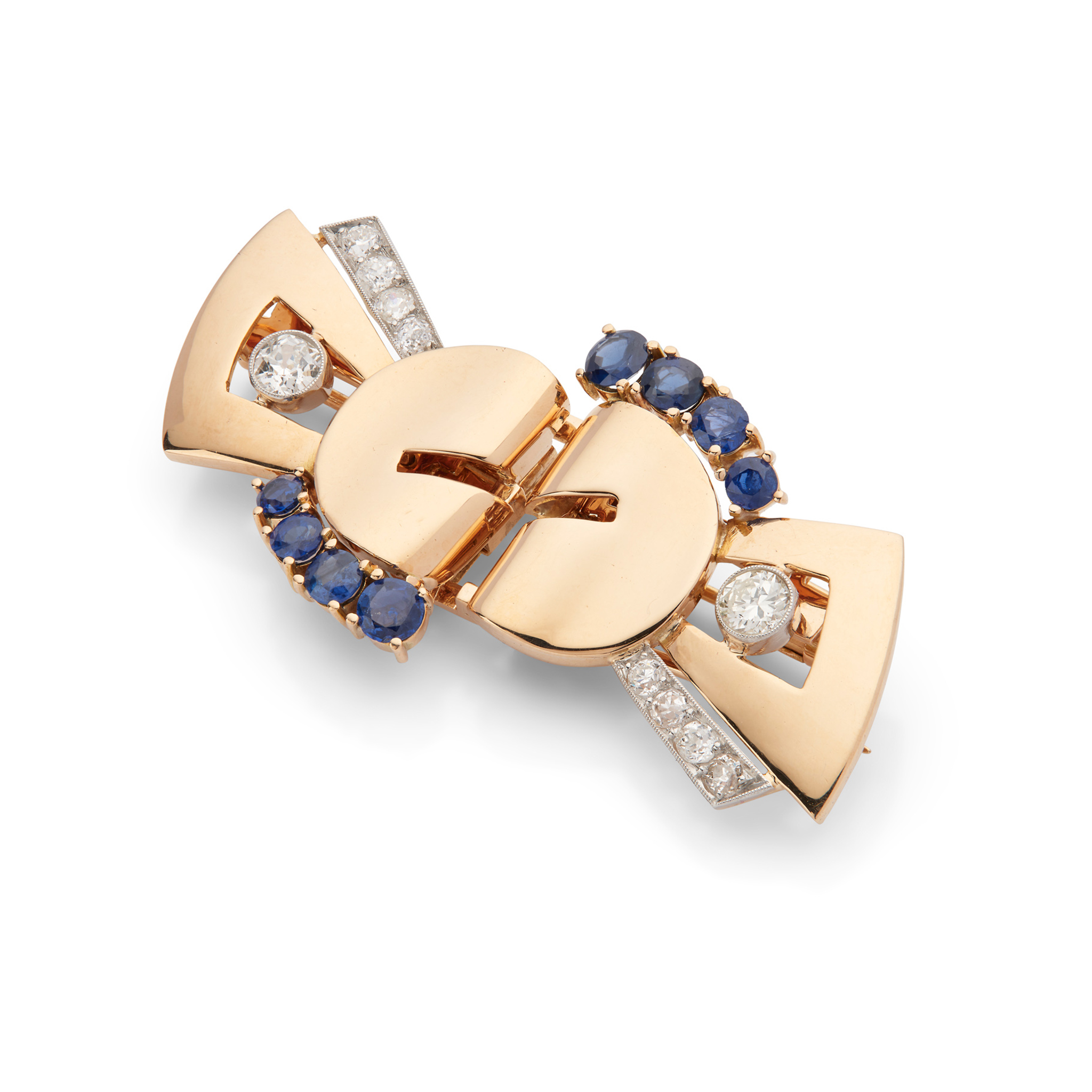 A sapphire and diamond double clip brooch, circa 1950