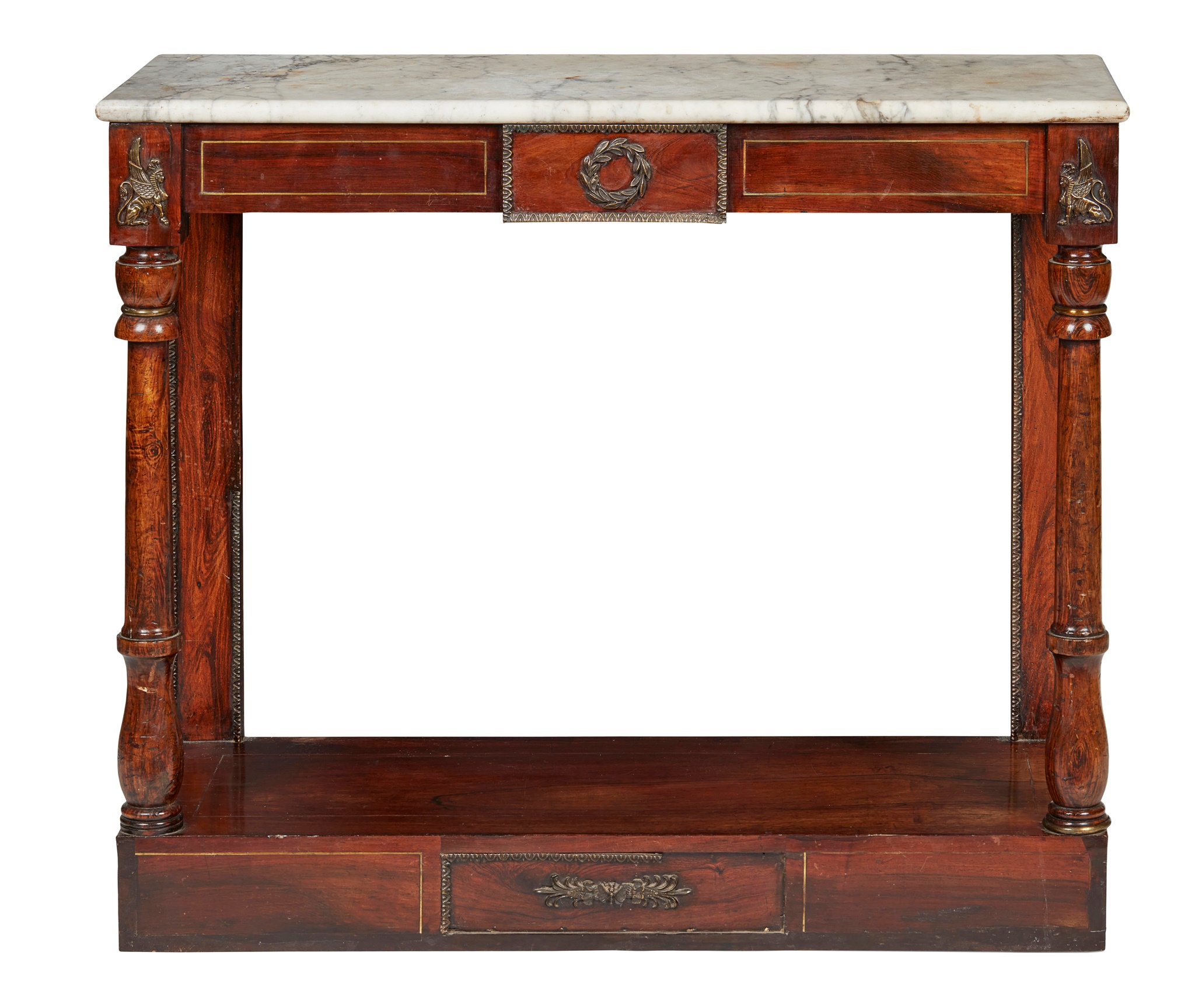 REGENCY ROSEWOOD, GRAIN PAINTED, BRASS-LINED AND MARBLE TOPPED CONSOLE TABLE