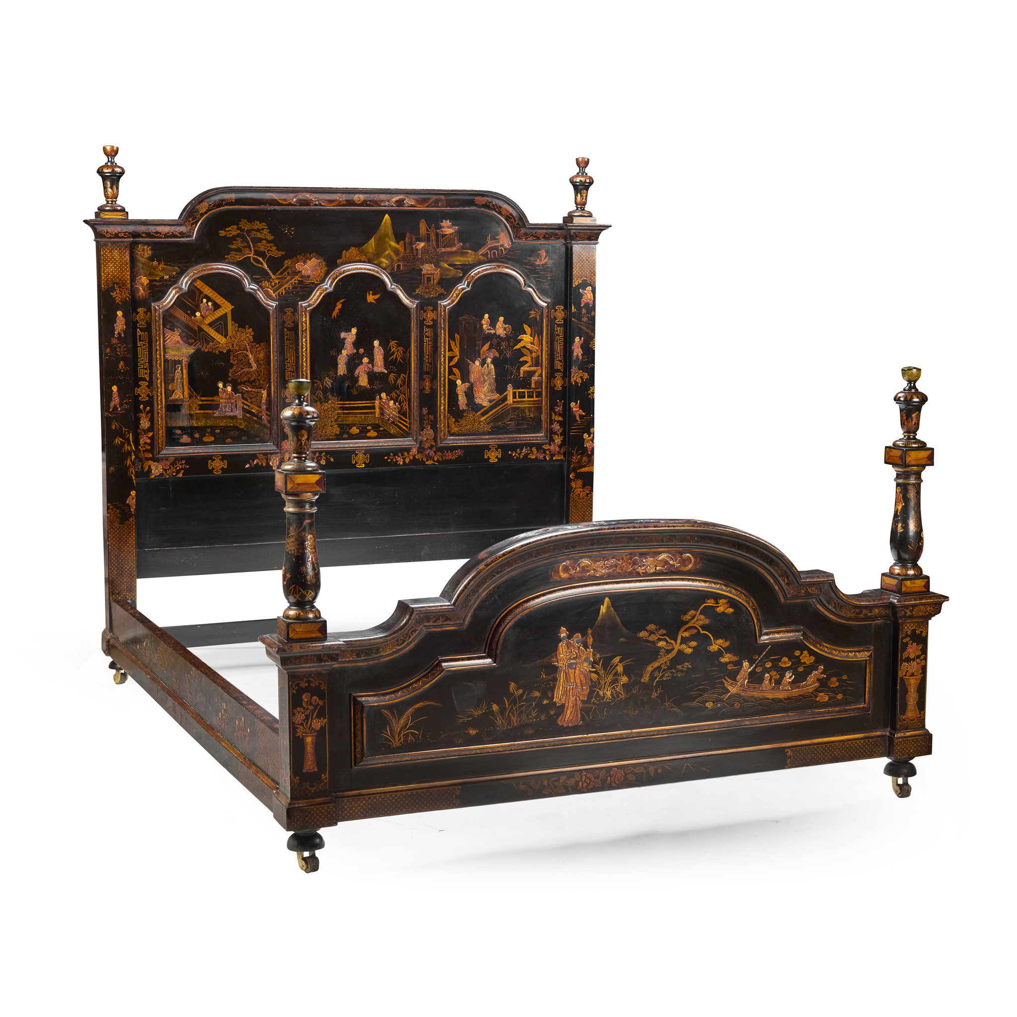 EDWARDIAN BLACK LACQUER AND CHINOISERIE BED