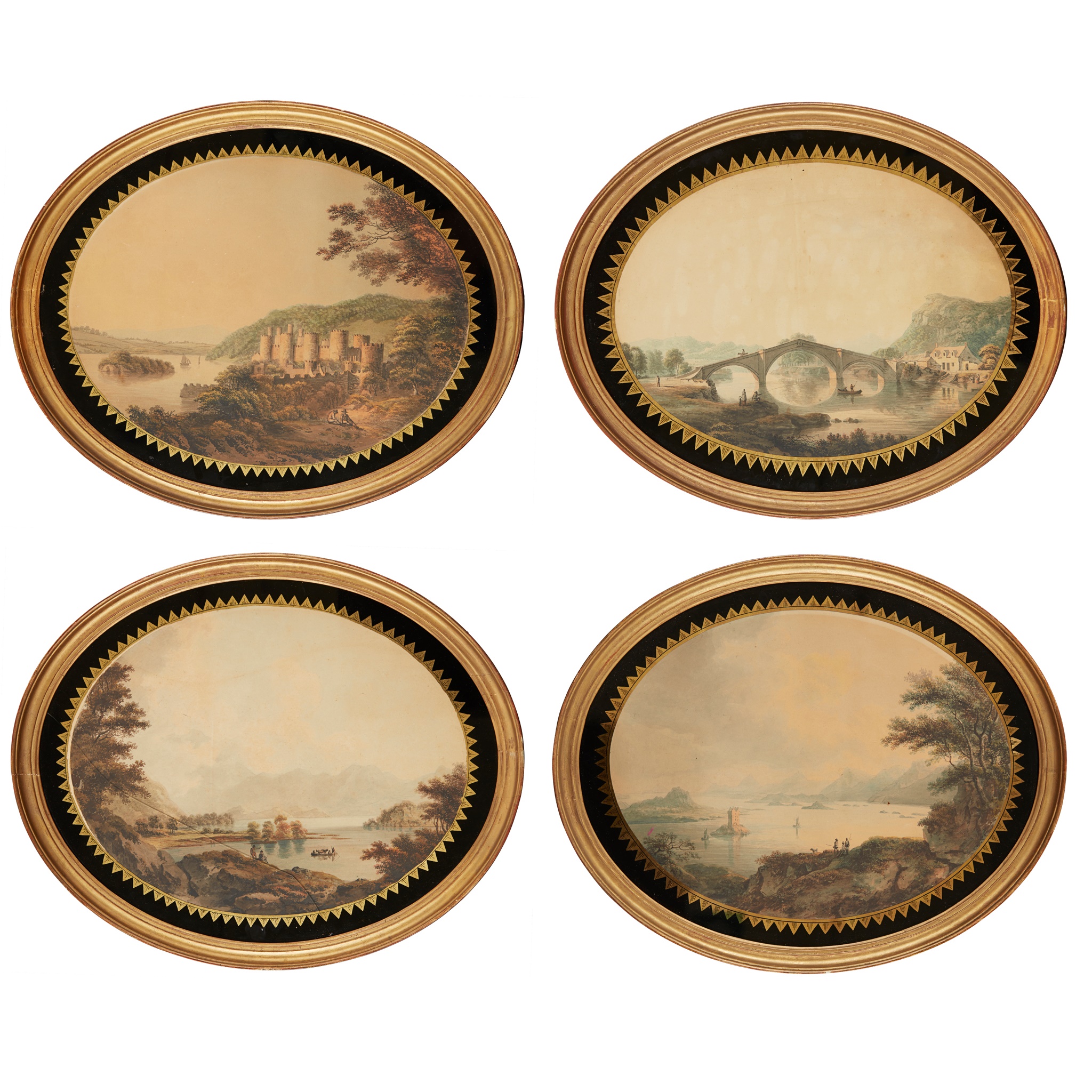 SET OF FOUR WATERCOLOUR AND EGLOMISE SCOTTISH LANDSCAPES