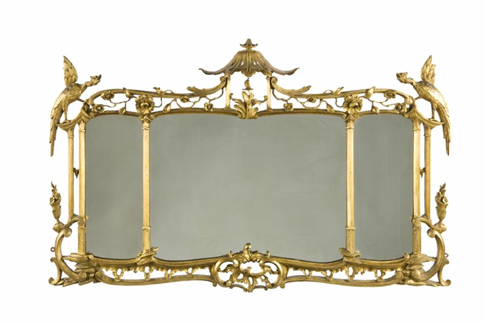 A 19th century giltwood triptych overmantel mirror In the Chinese Chippendale manner