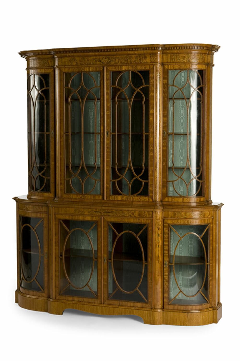 A fine Edwardian breakfront satinwood and marquetry display cabinet