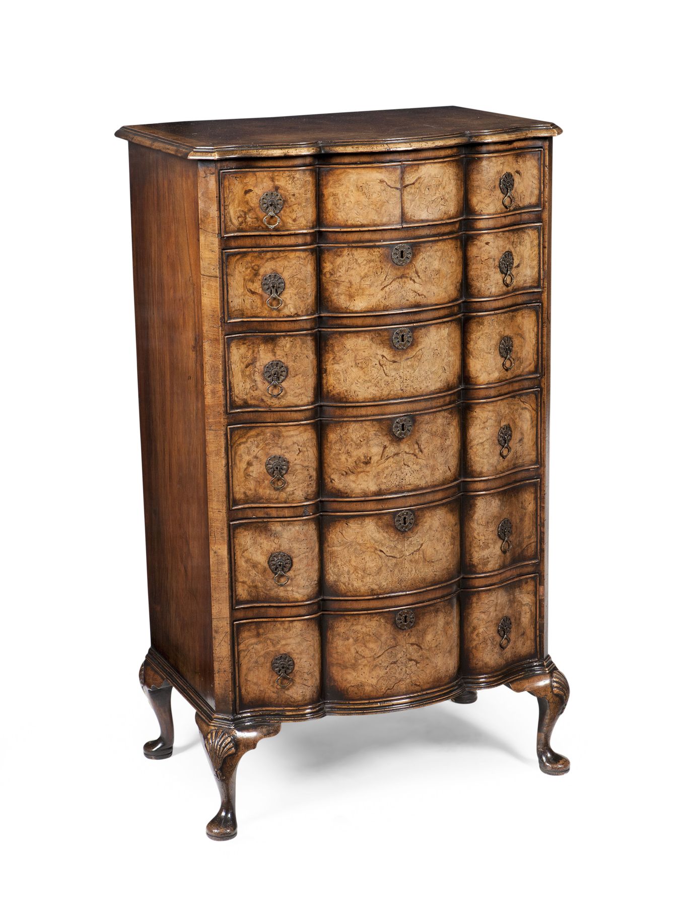 QUEEN ANNE STYLE WALNUT AND BURR WALNUT TALL CHEST OF DRAWERS