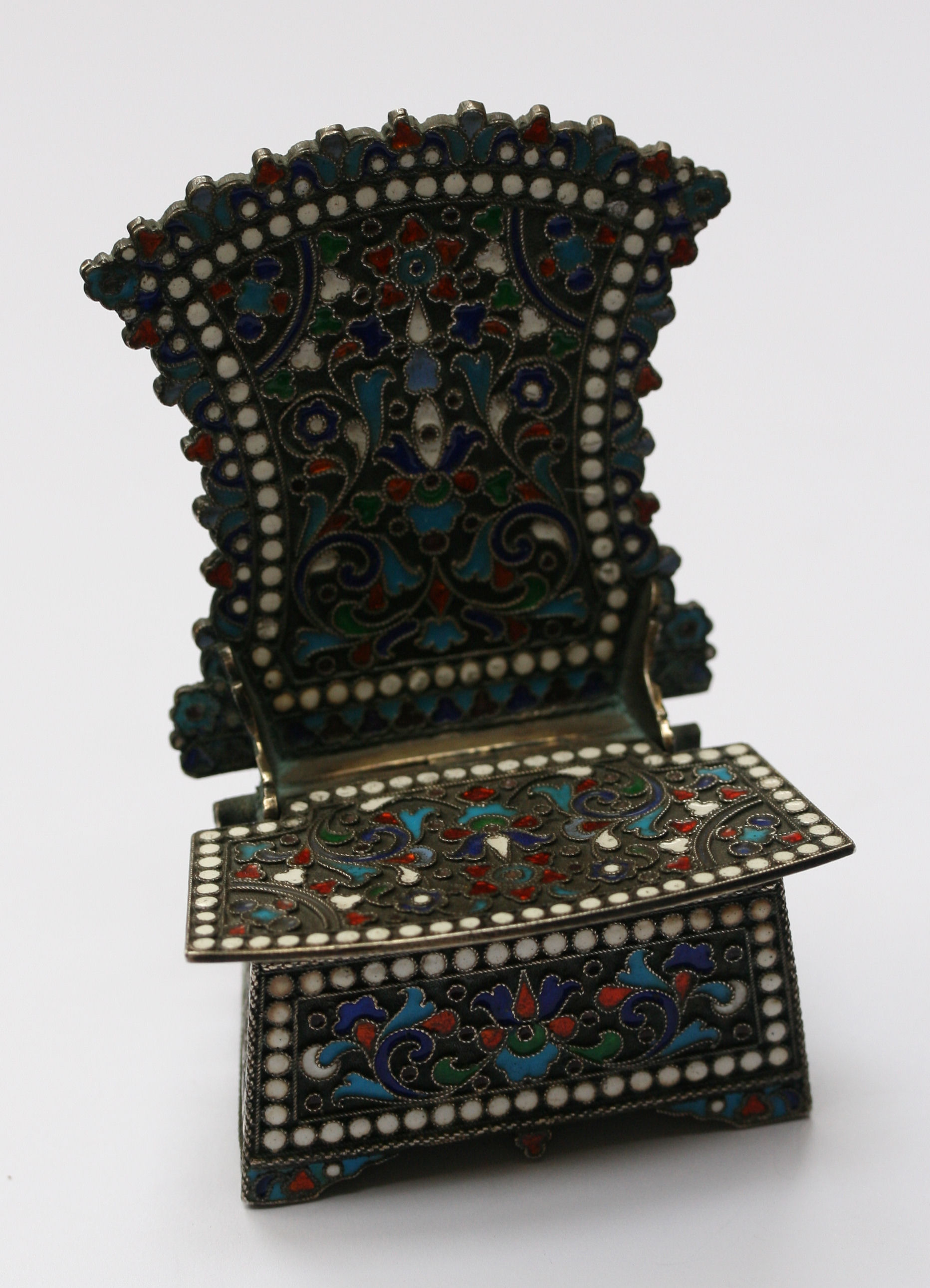 A Russian silver and champlevé enamel throne salt