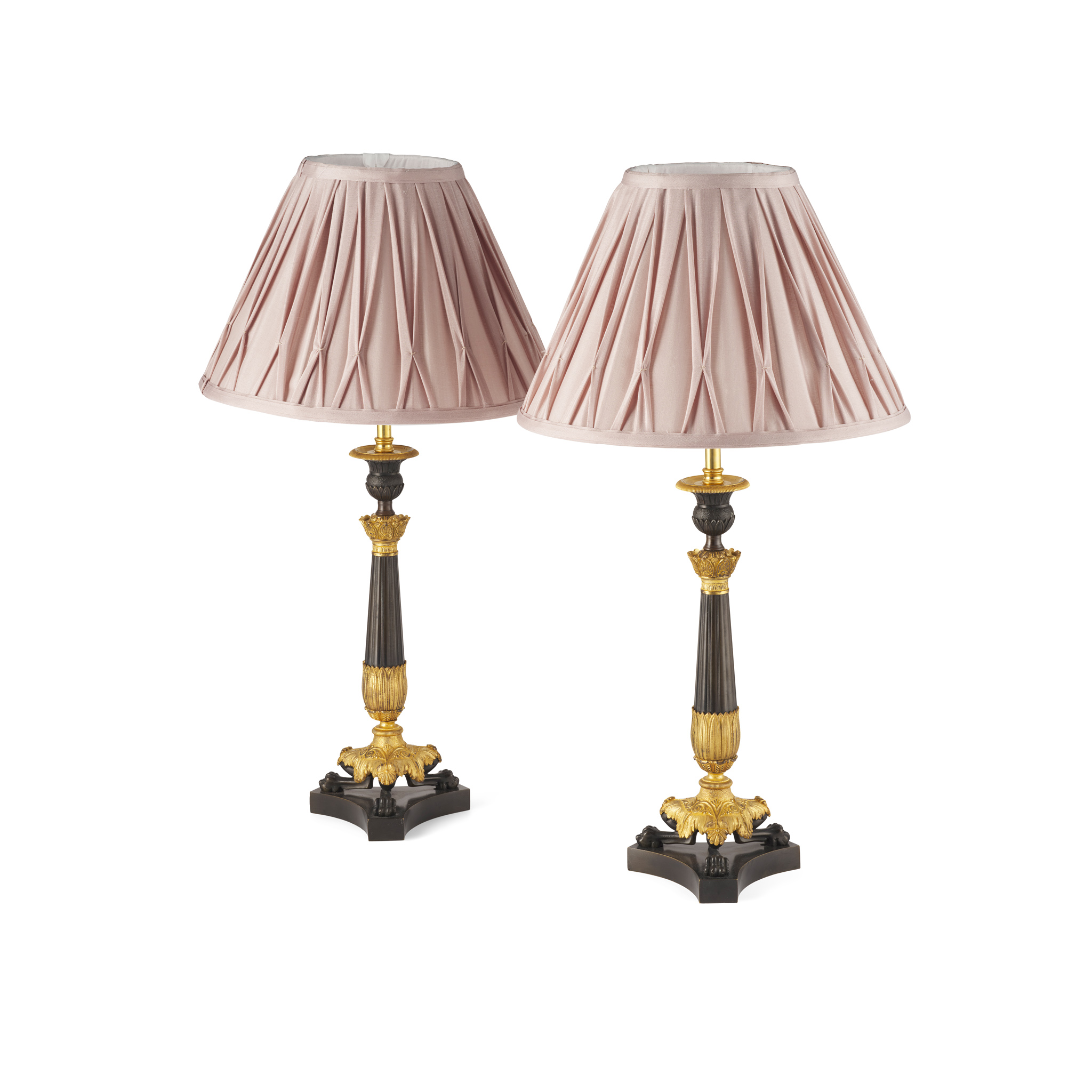 PAIR OF REGENCY STYLE GILT AND PATINATED BRONZE LAMPS