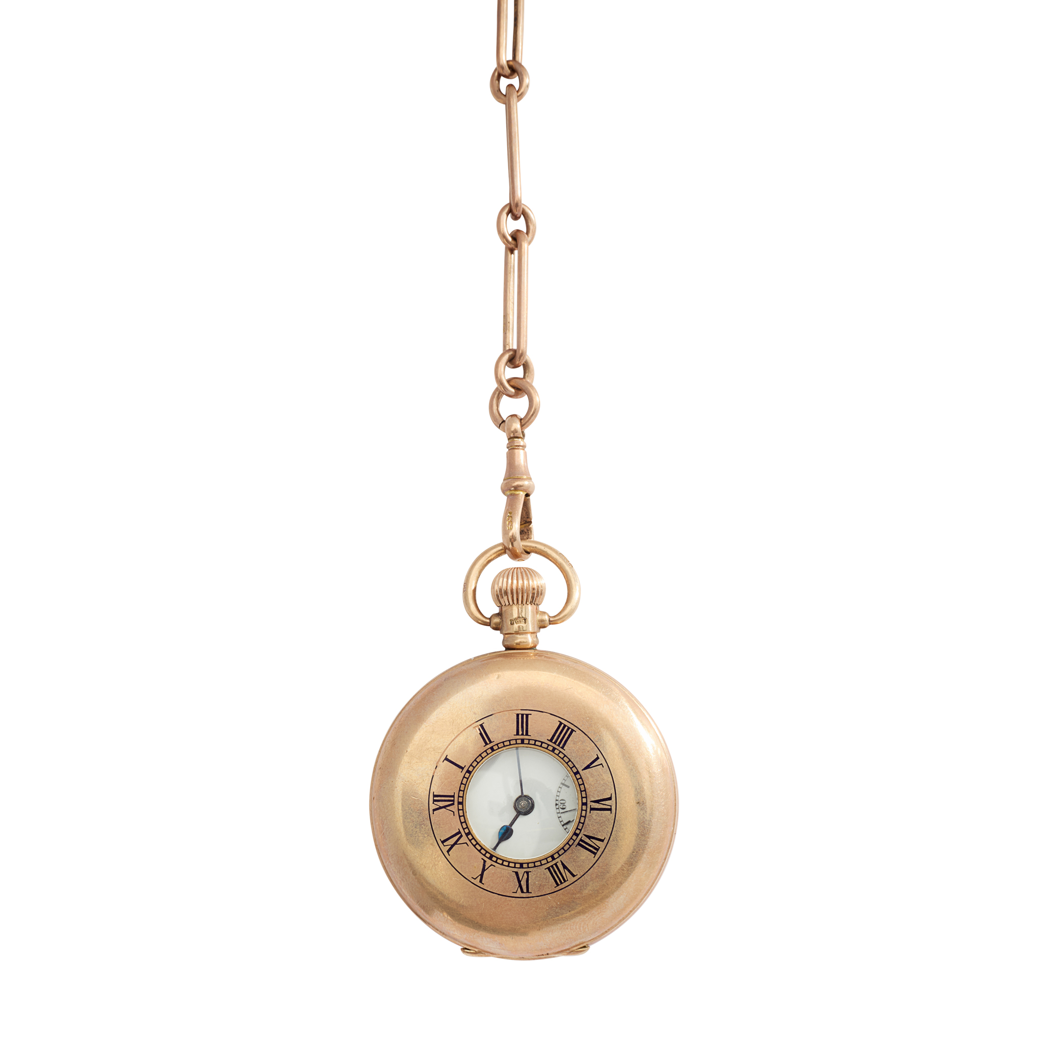 A 9k gold half-hunter case pocket watch with 9k gold chain and sovereign coin fob