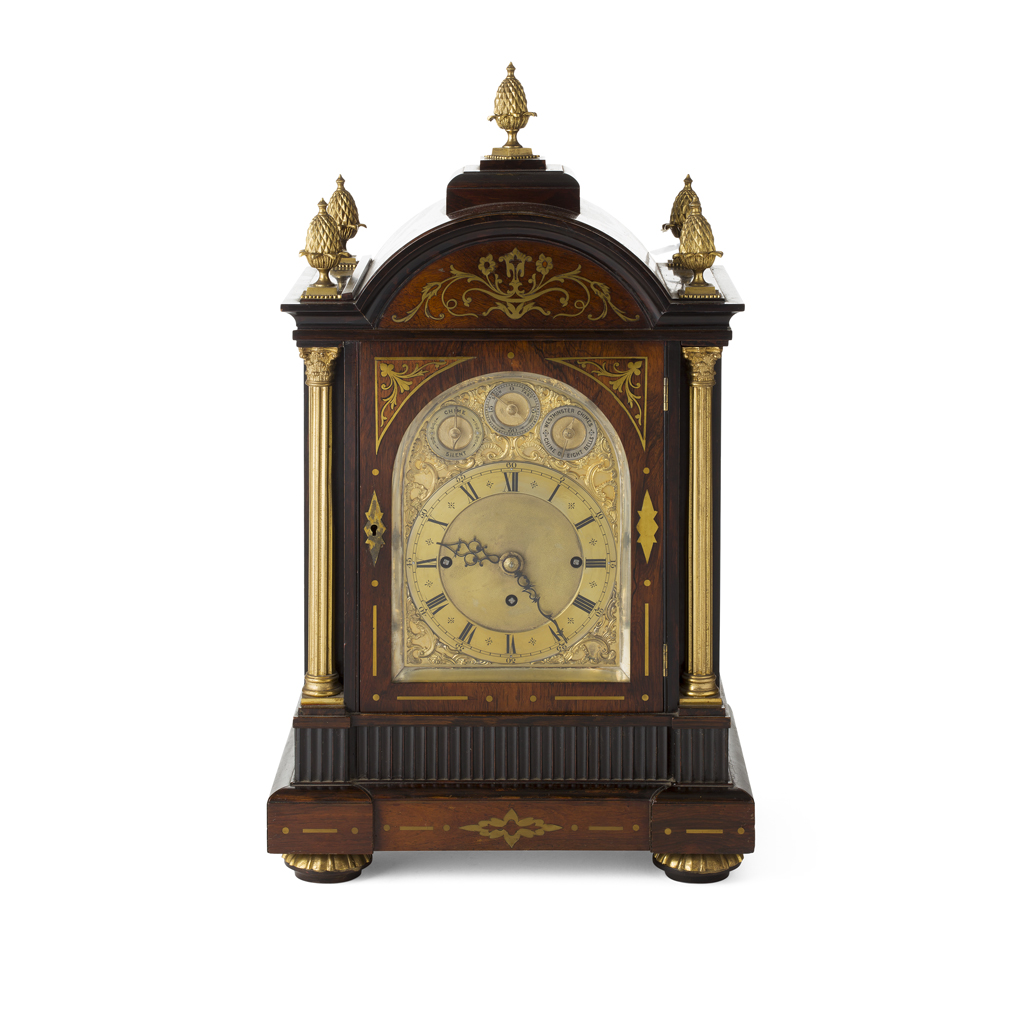 EDWARDIAN ROSEWOOD, BRASS AND GILT METAL MOUNTED CHIMING BRACKET CLOCK