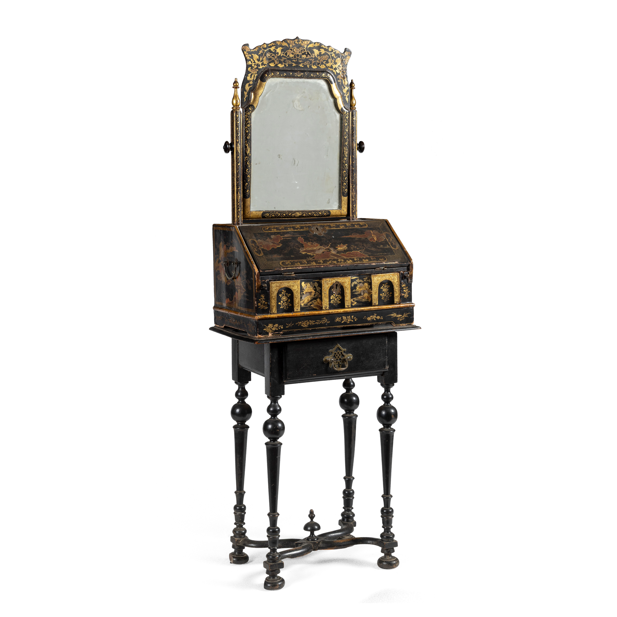 AN EBONISED AND GILT DECORATED DRESSING MIRROR