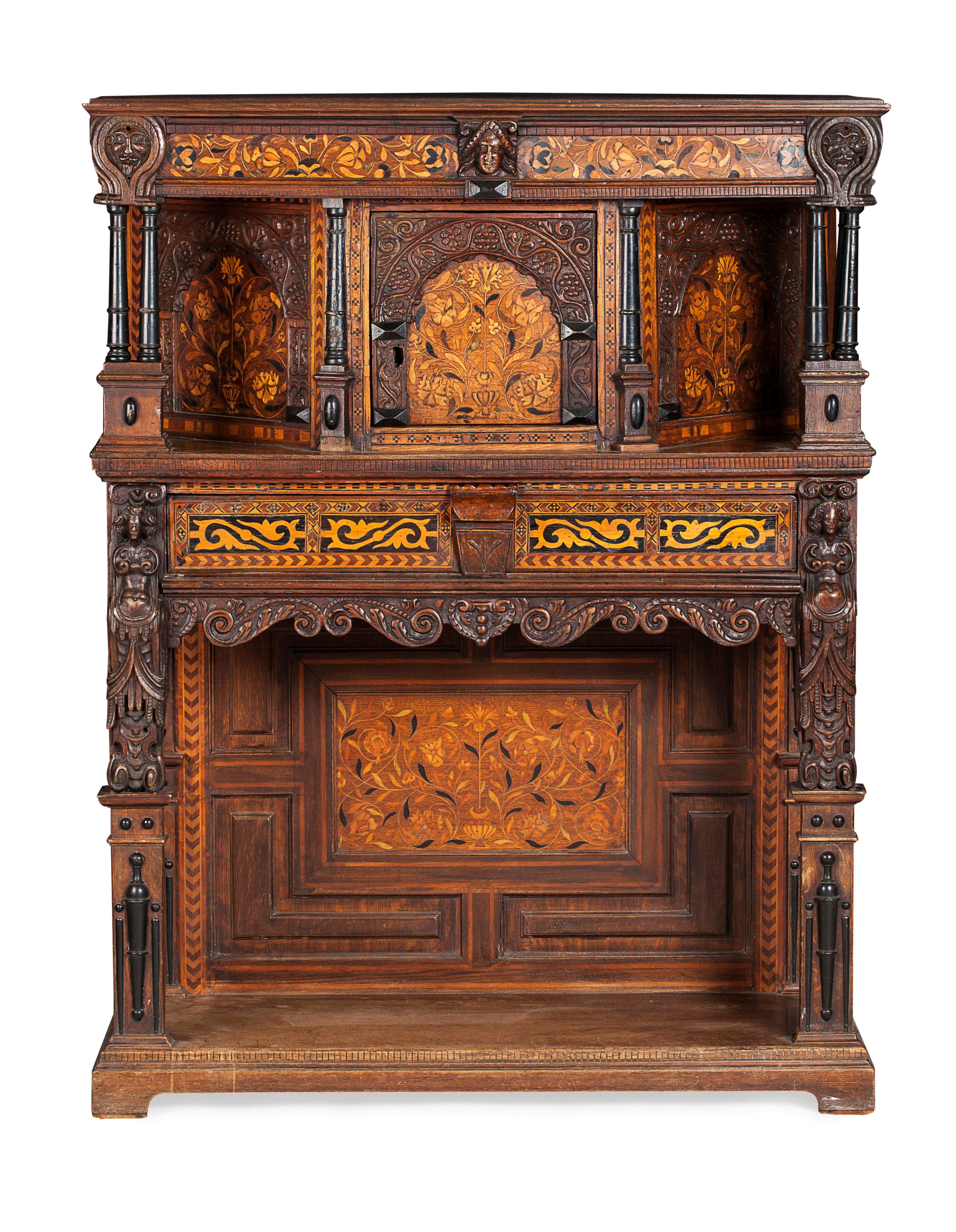 OAK, WALNUT AND MARQUETRY LIVERY CUPBOARD