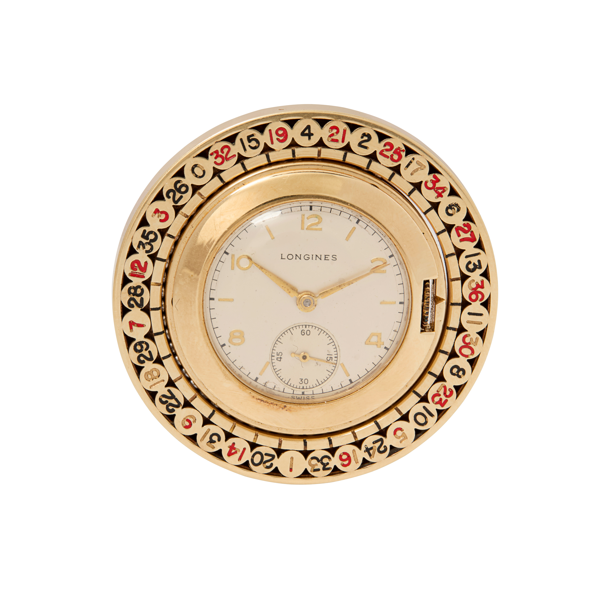 Longines. An unusual 14k rose gold roulette wheel pocket watch