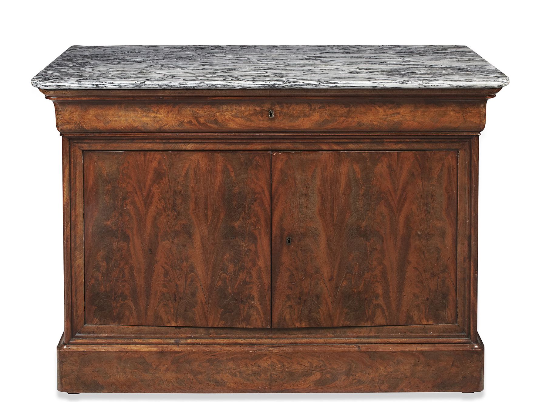 FRENCH RESTAURATION MAHOGANY MARBLE TOP COMMODE