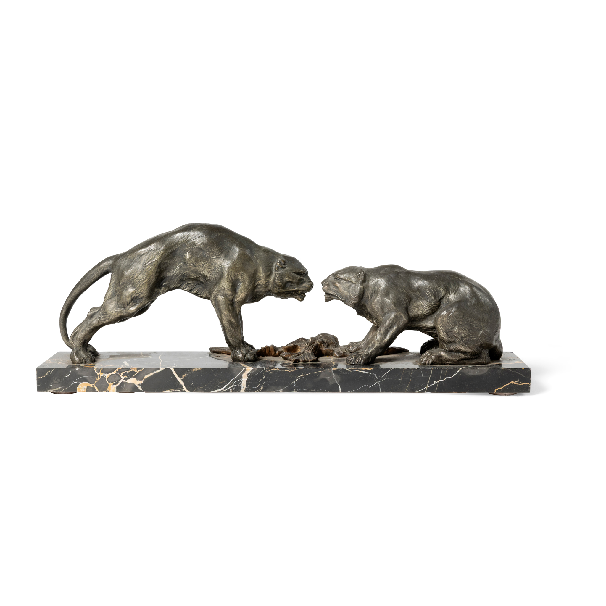 A PATINATED SPELTER ART DECO GROUP OF TWO CATS