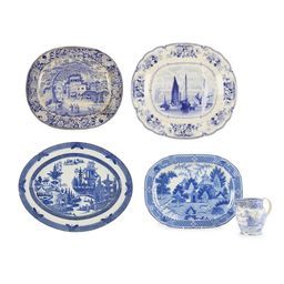 THREE BLUE AND WHITE TRANSFER PRINTED MEAT PLATES