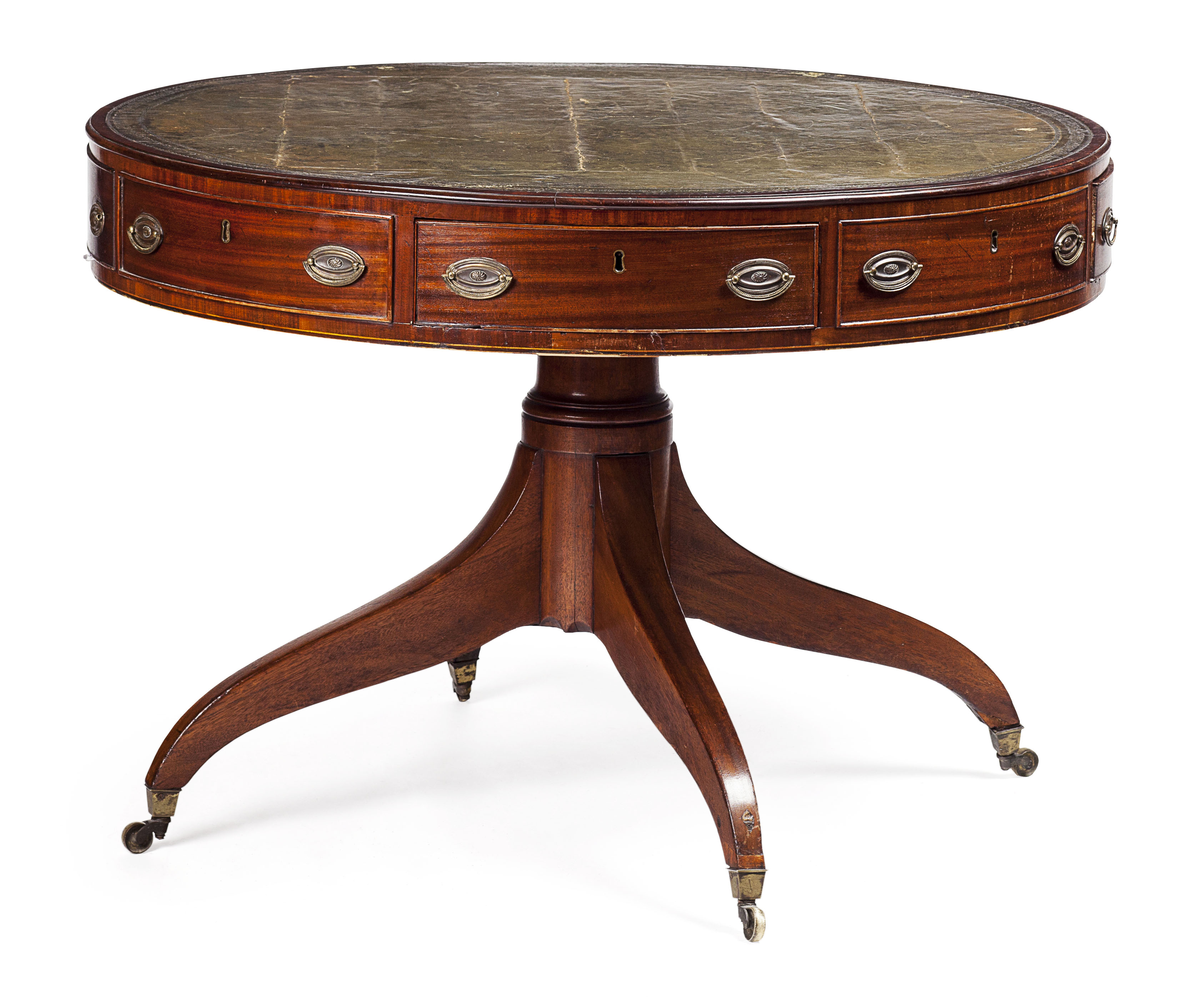 LATE GEORGE III MAHOGANY DRUM LIBRARY TABLE