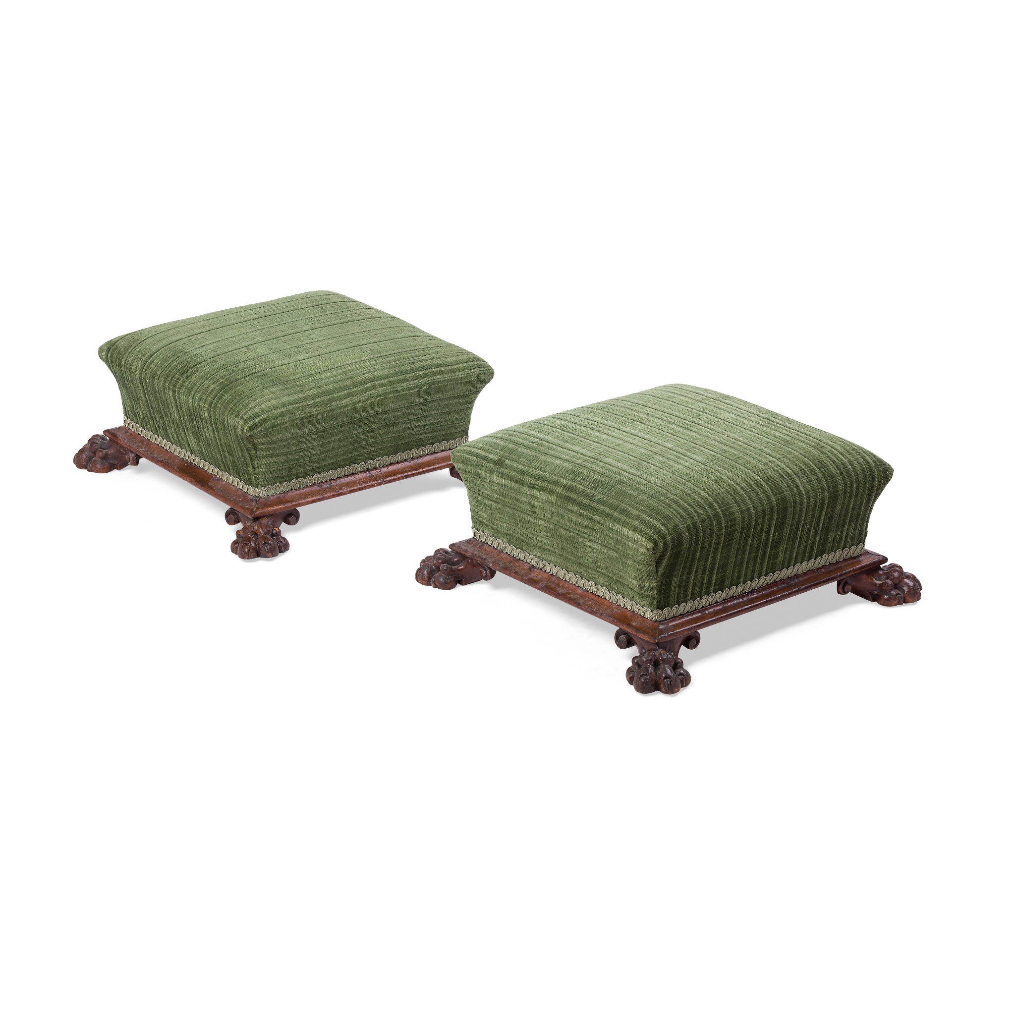 PAIR OF REGENCY MAHOGANY FRAMED FOOTSTOOLS