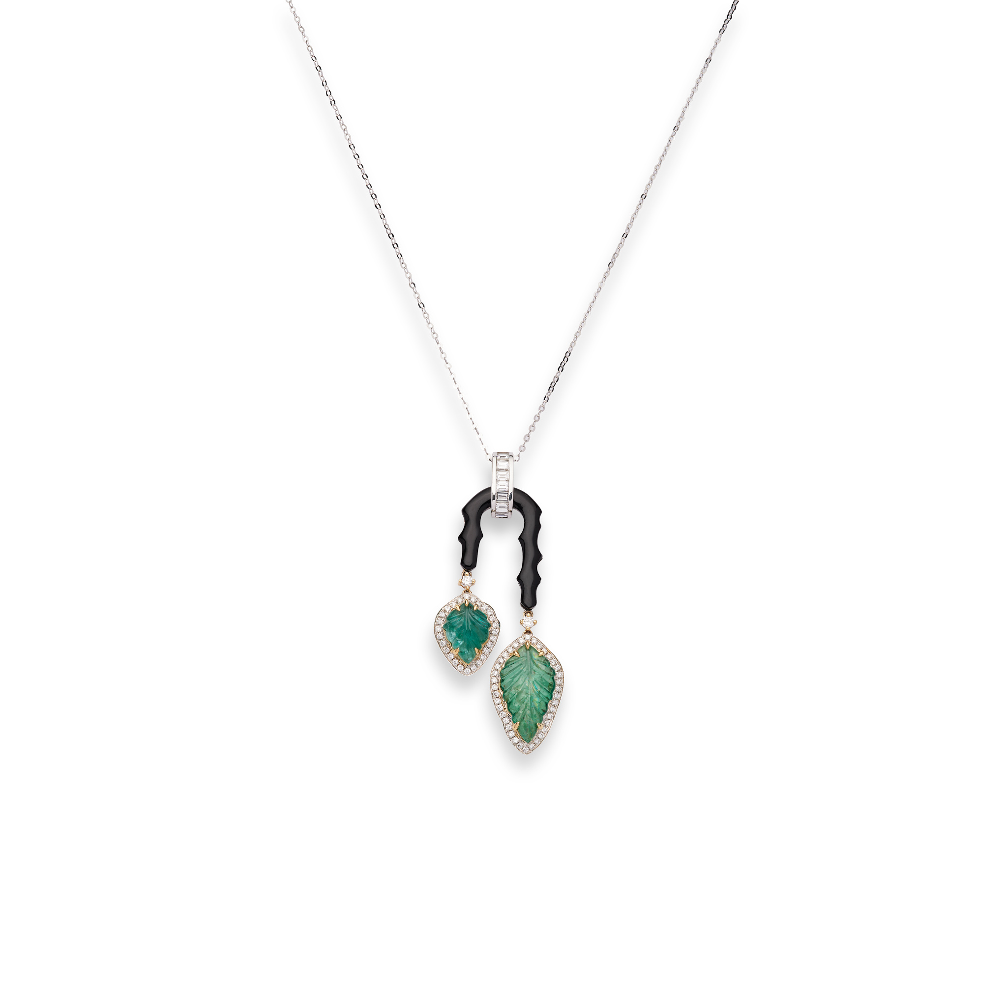 Fei Liu: A carved emerald, onyx and diamond pendant necklace