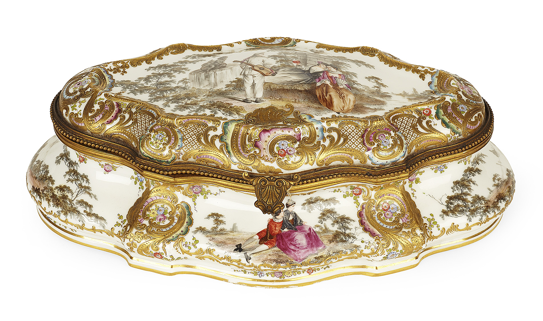 CONTINENTAL GILTMETAL MOUNTED PORCELAIN CASKET