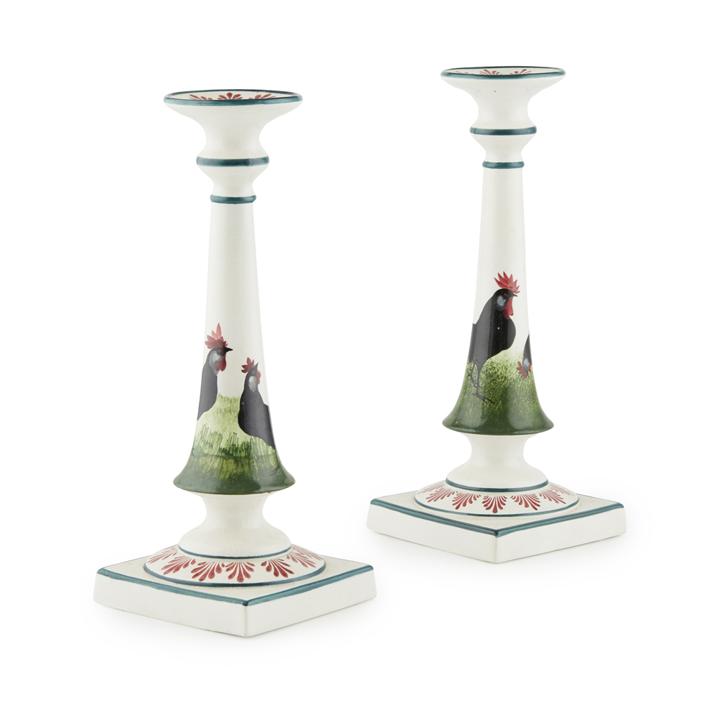 A PAIR OF TALL WEMYSS WARE CANDLESTICKS