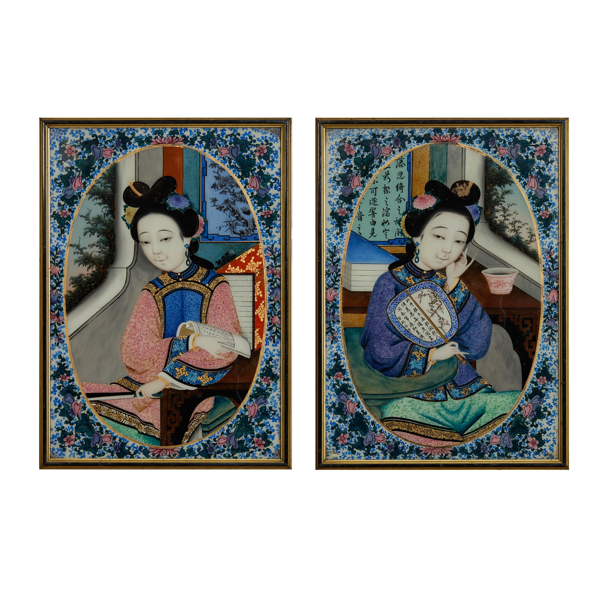 PAIR OF CHINESE REVERSE-PAINTED 'LADY' GLASS PANELS