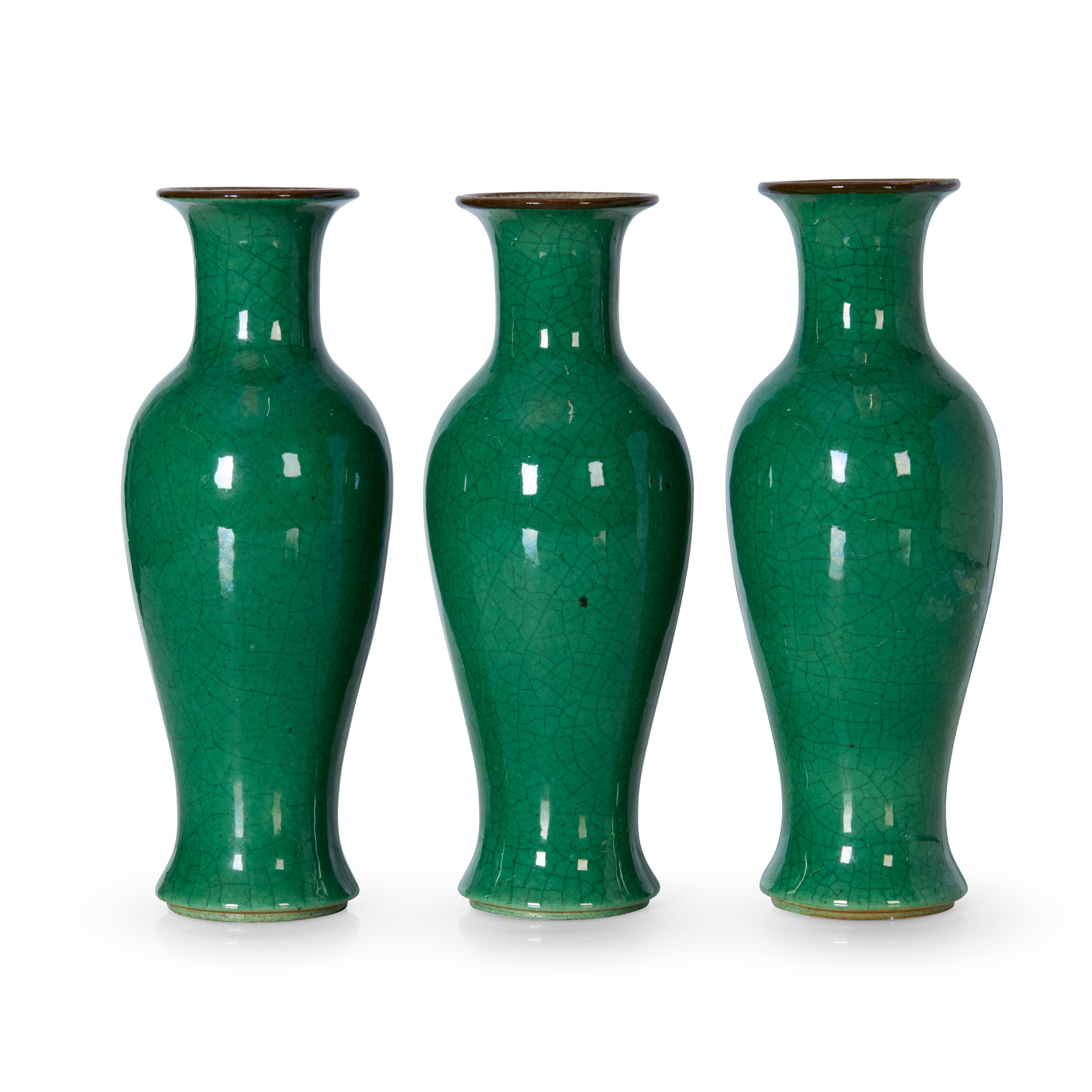 GROUP OF THREE CHINESE GREEN-GE-TYPE-GLAZED VASES