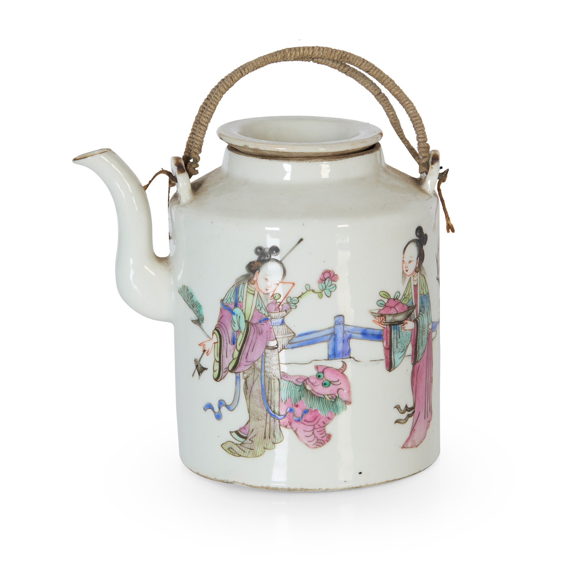 CHINESE FAMILLE ROSE 'LADY' TEAPOT WITH COVER