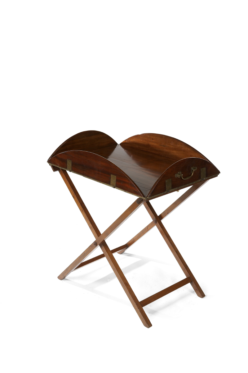 A George IV period mahogany and brass bound butlers tray on stand