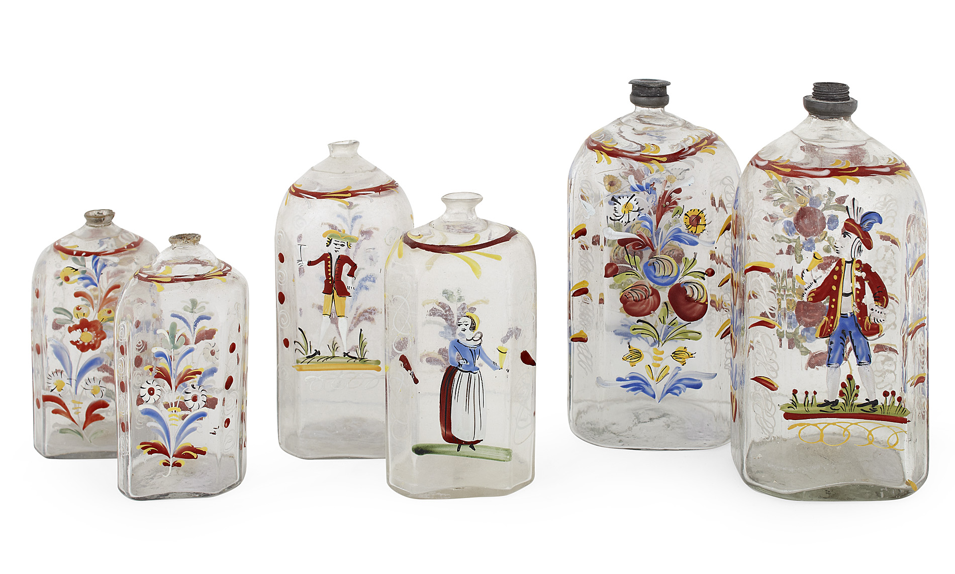 GROUP OF SIX STIEGEL TYPE ENAMELLED GLASS BOTTLES