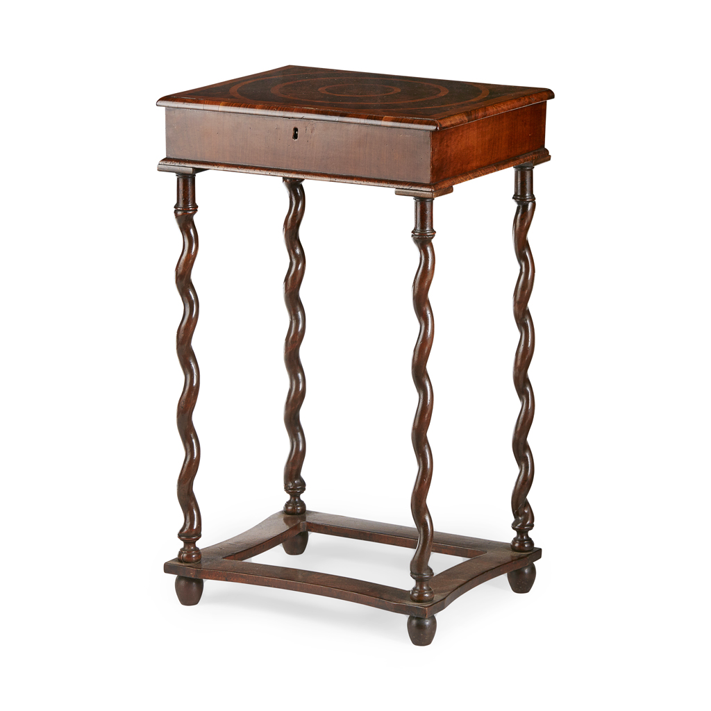 WILLIAM AND MARY OYSTER VENEERED LACE BOX ON STAND